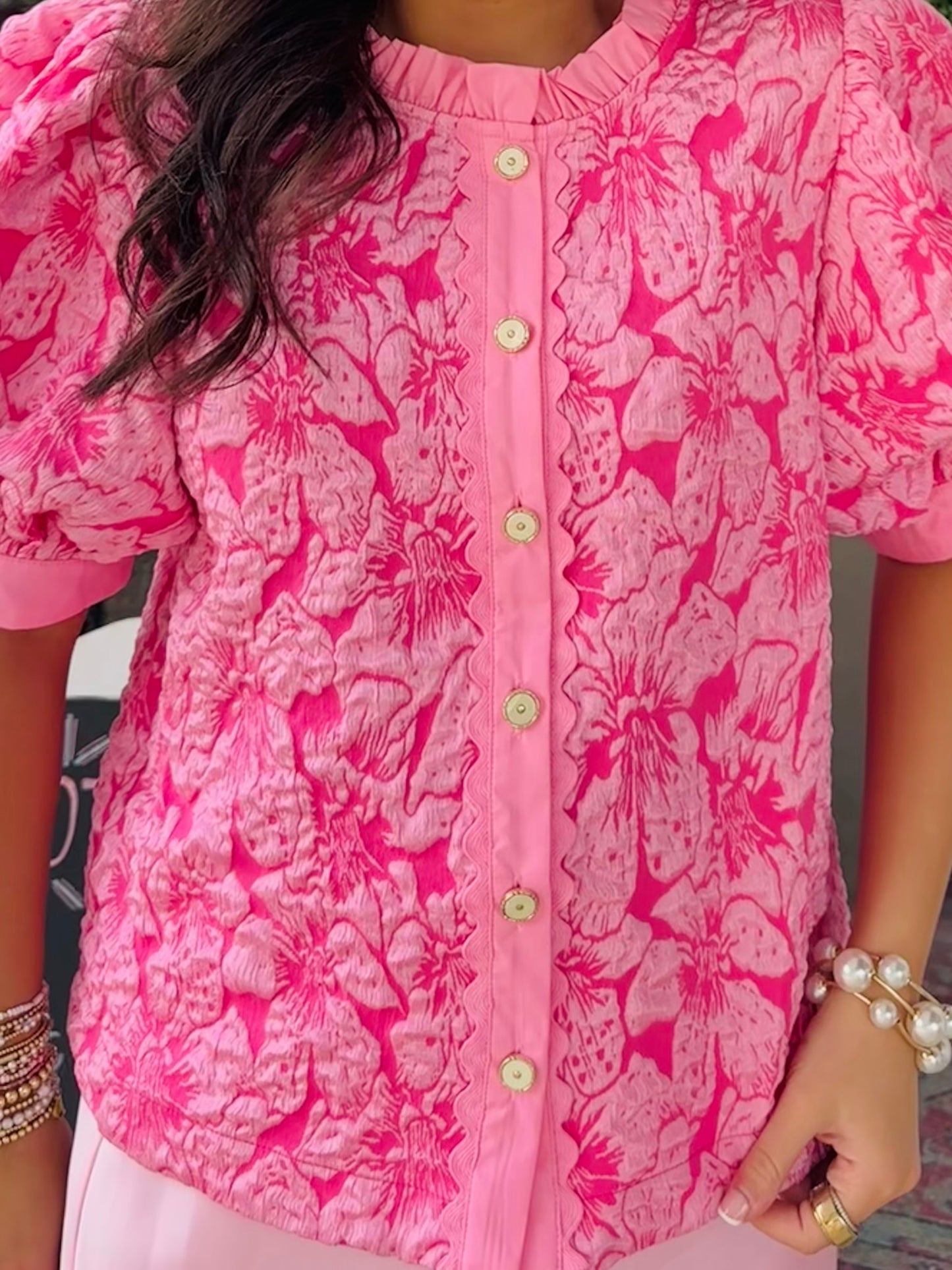 The Clara Pink Floral Jacquard Top