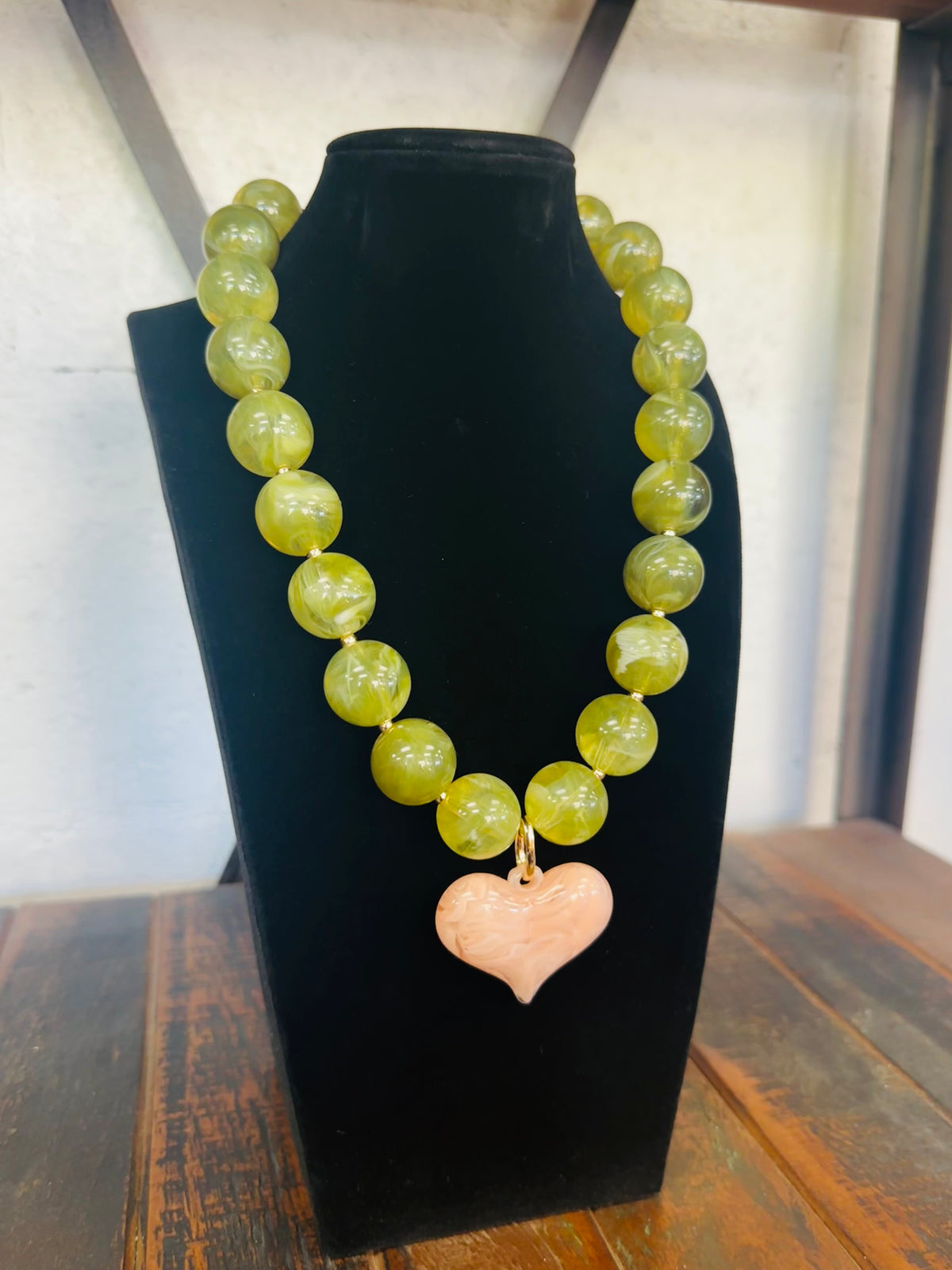 Olive Green + Pink Puffy Heart Marble Necklace
