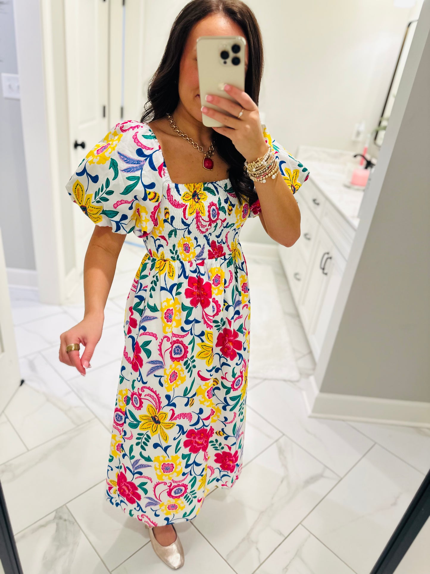 The Kes White Floral Smocked Midi Dress