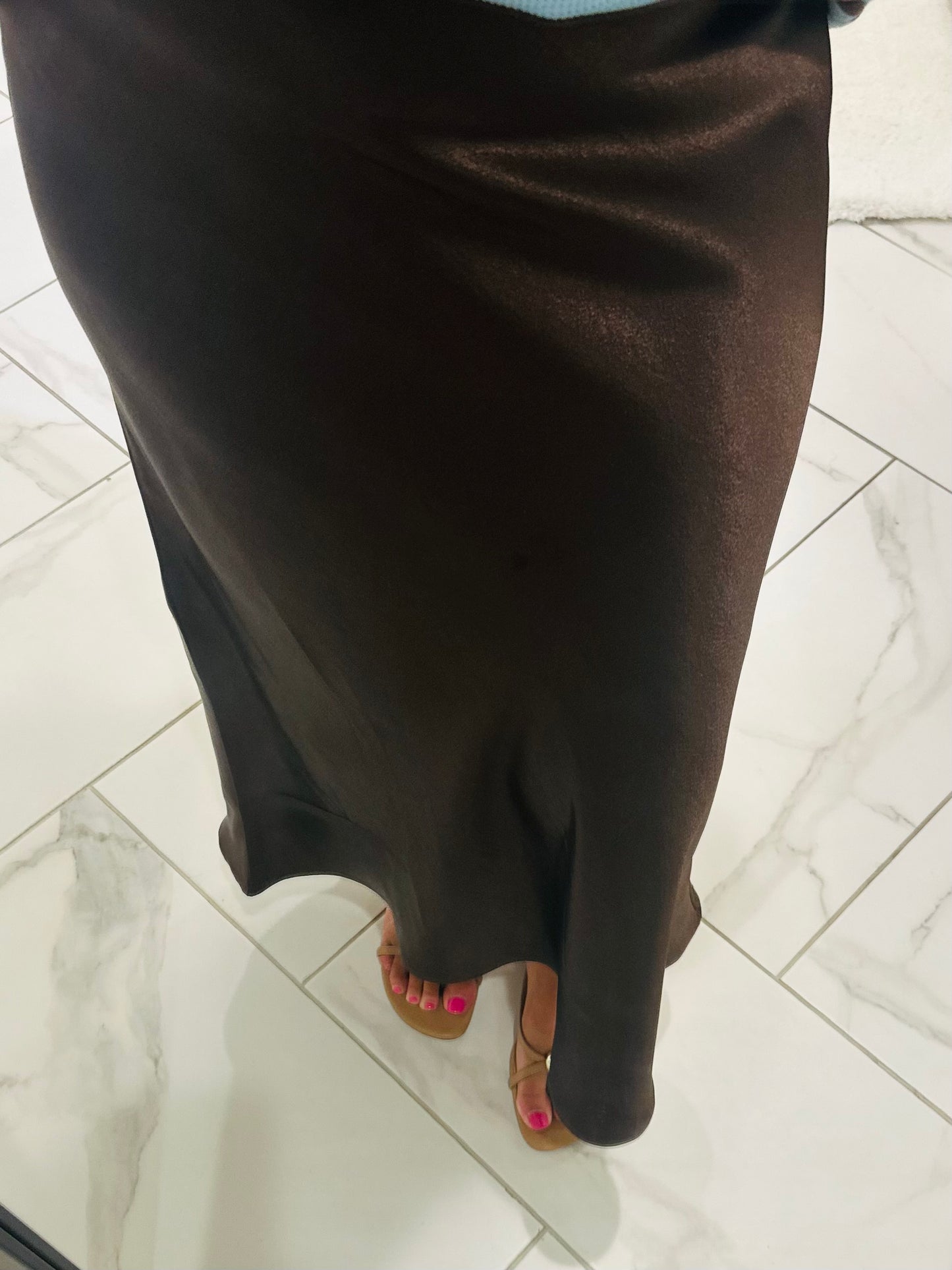 The Bri Dark Brown Satin Midi Skirt