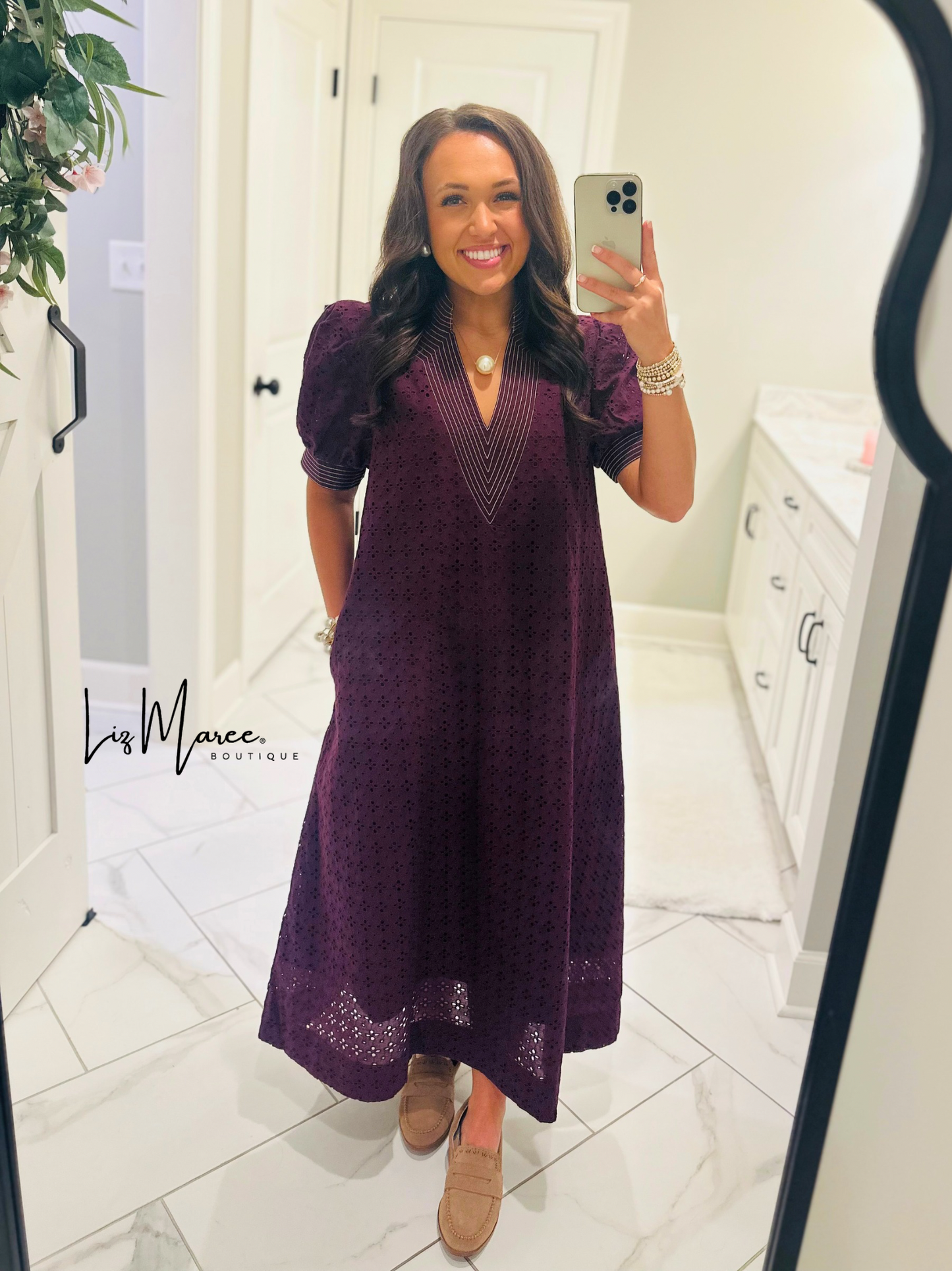 The Adley Merlot Eyelet Midi Dress