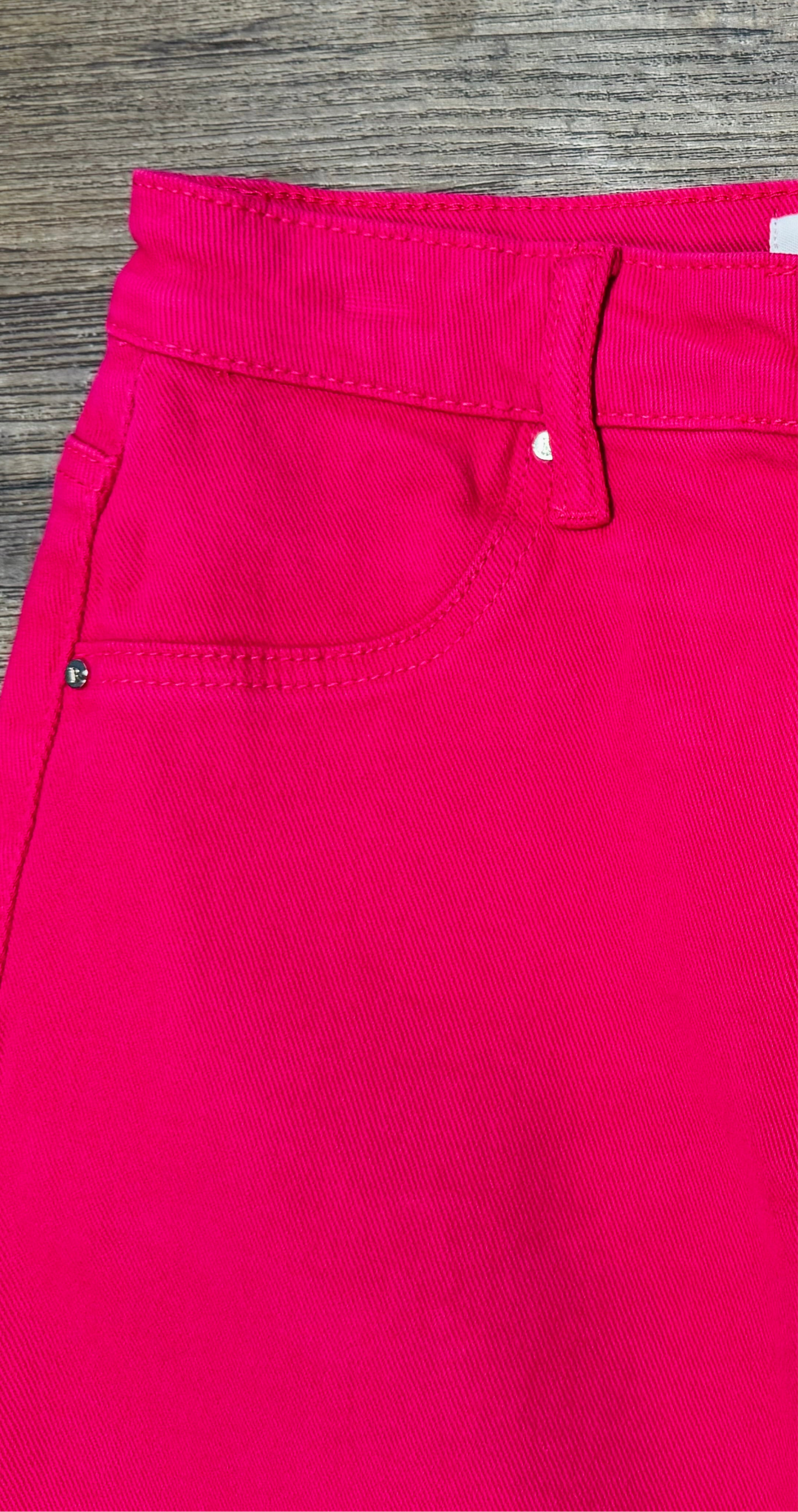 The High Rise Fuchsia Frayed Long Denim Skirt