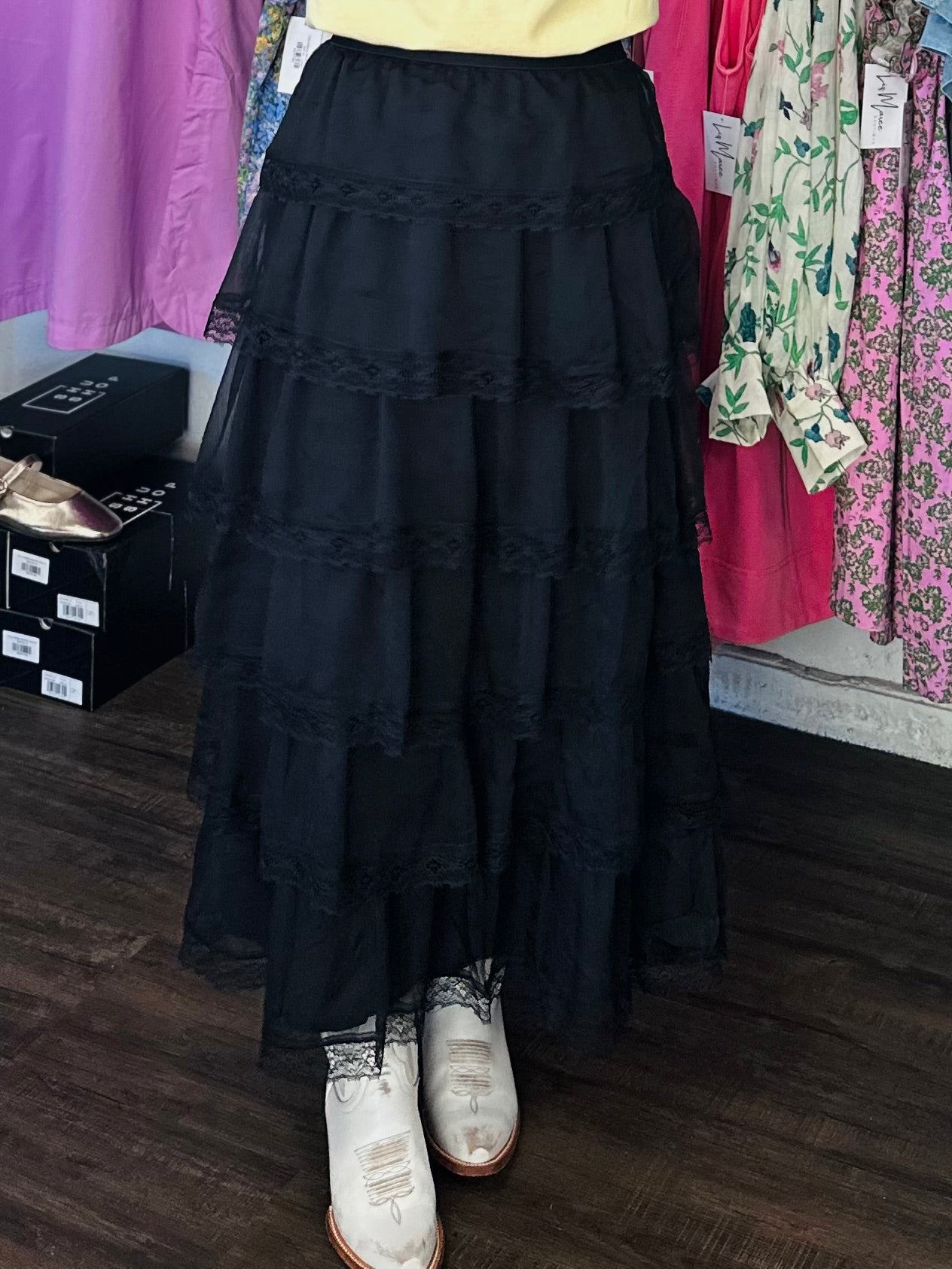 The June Black Tiered Chiffon Lace Trim Maxi Skirt