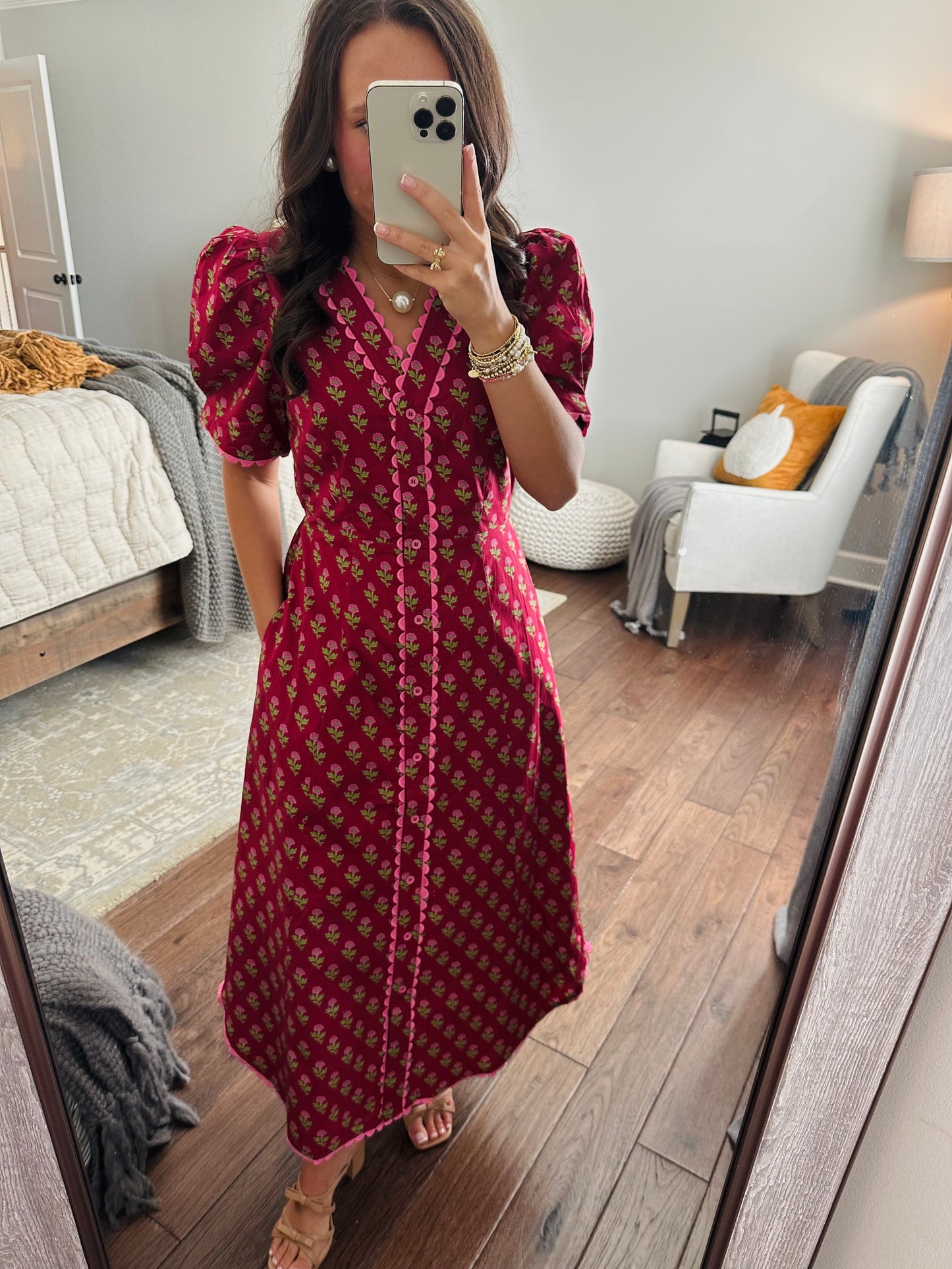 The Charlotte Burgundy Floral Scallop Trim Midi Dress