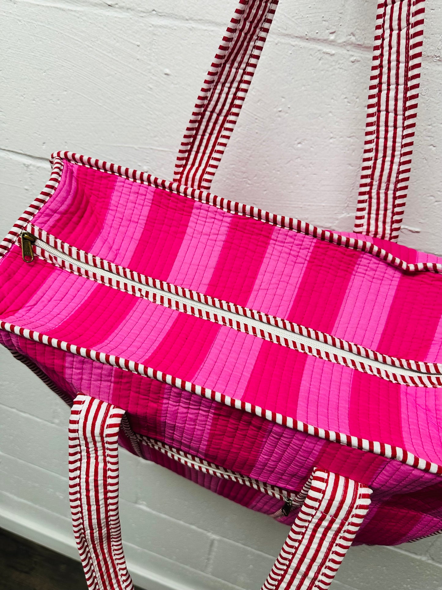 The Pink + Red Striped Quilted Tote Bag