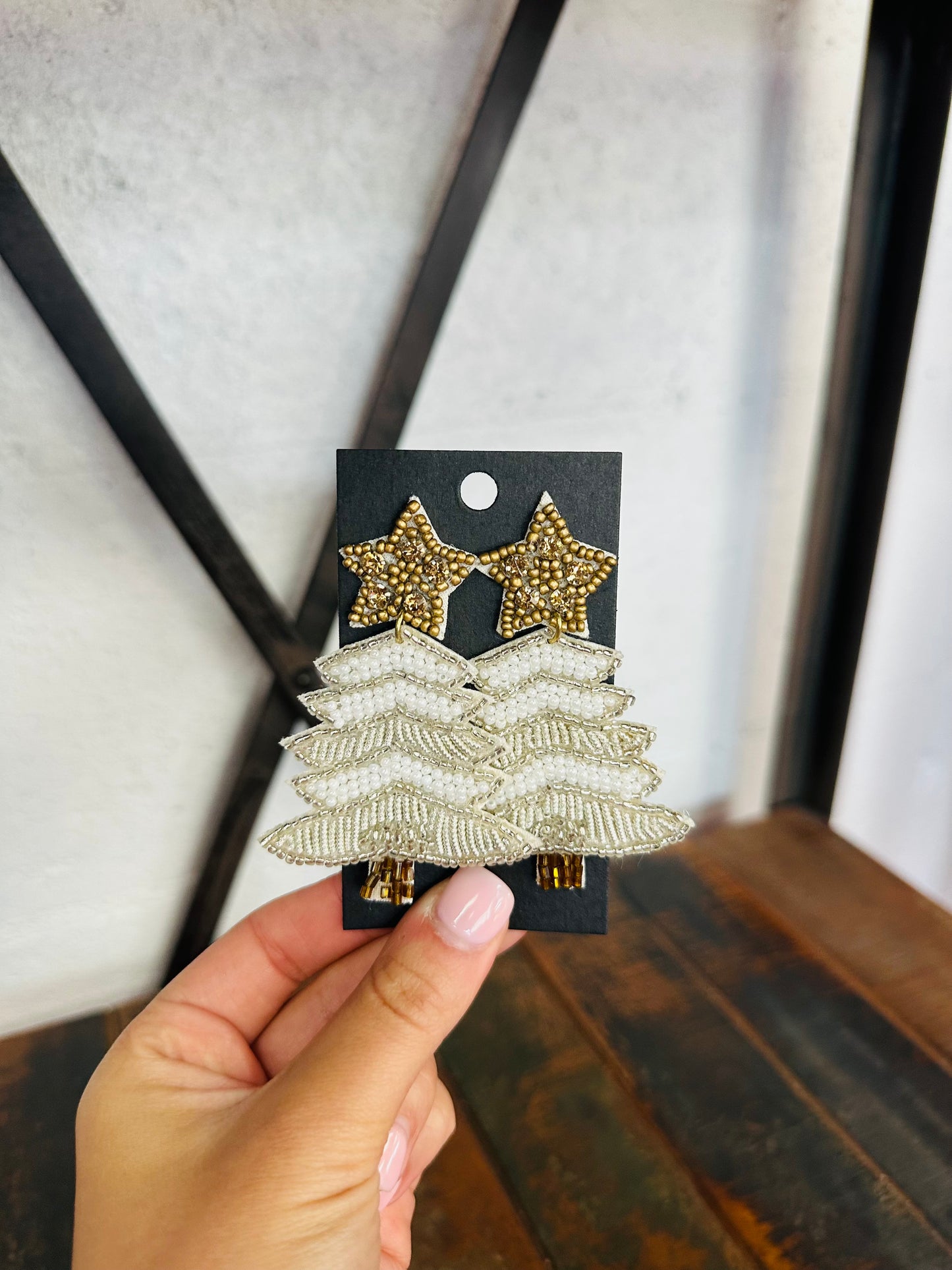 Brown + White Christmas Tree Beaded Earring