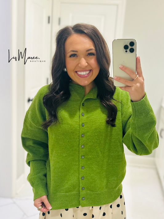 The Myra Pea Green Piper Cardigan