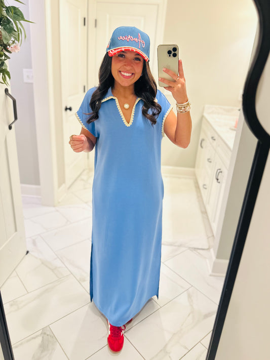 The Sarah Blue Collared Stitch Midi Dress