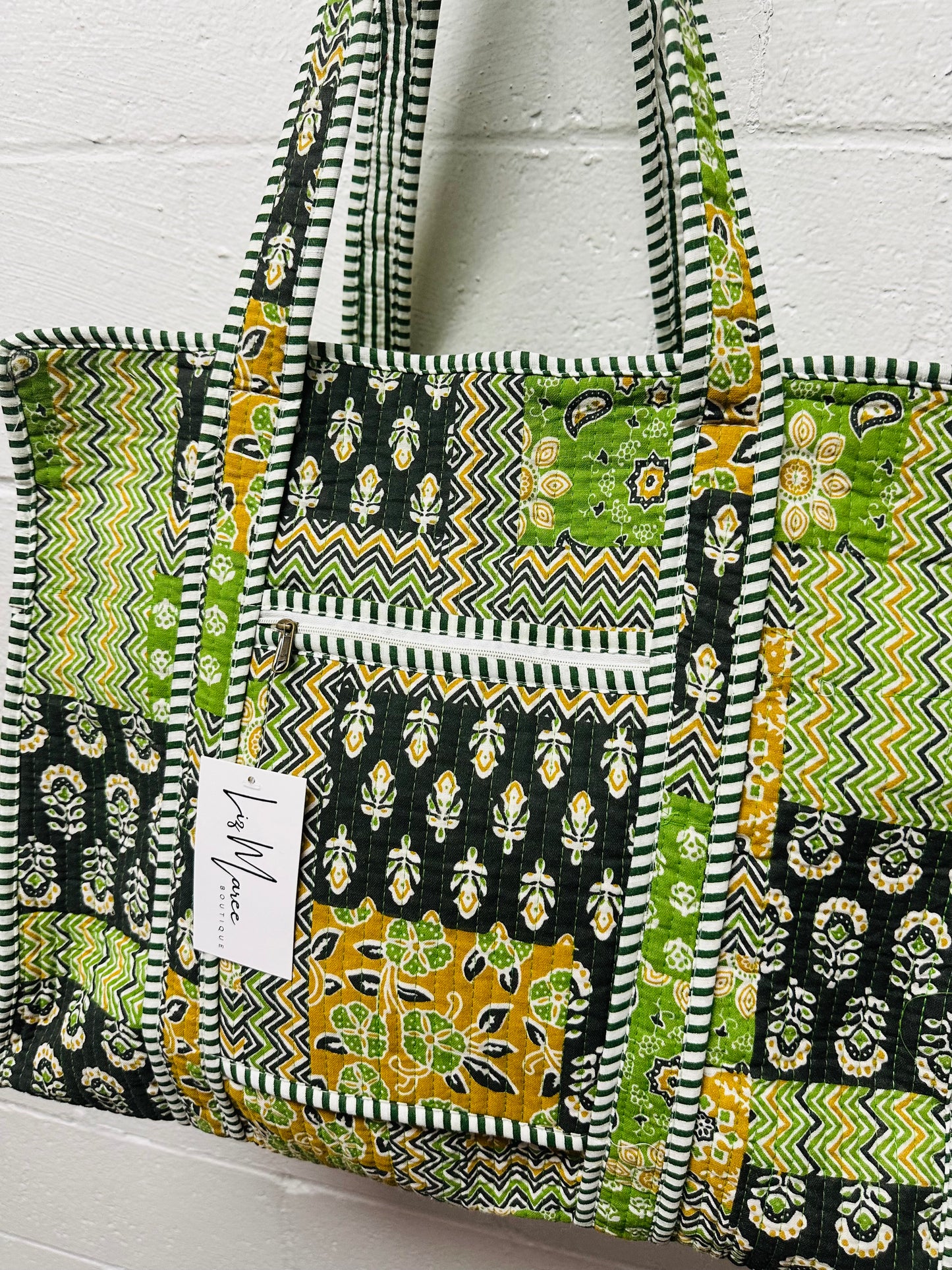 The Green + Black Multi Pattern Quilted Tote Bag