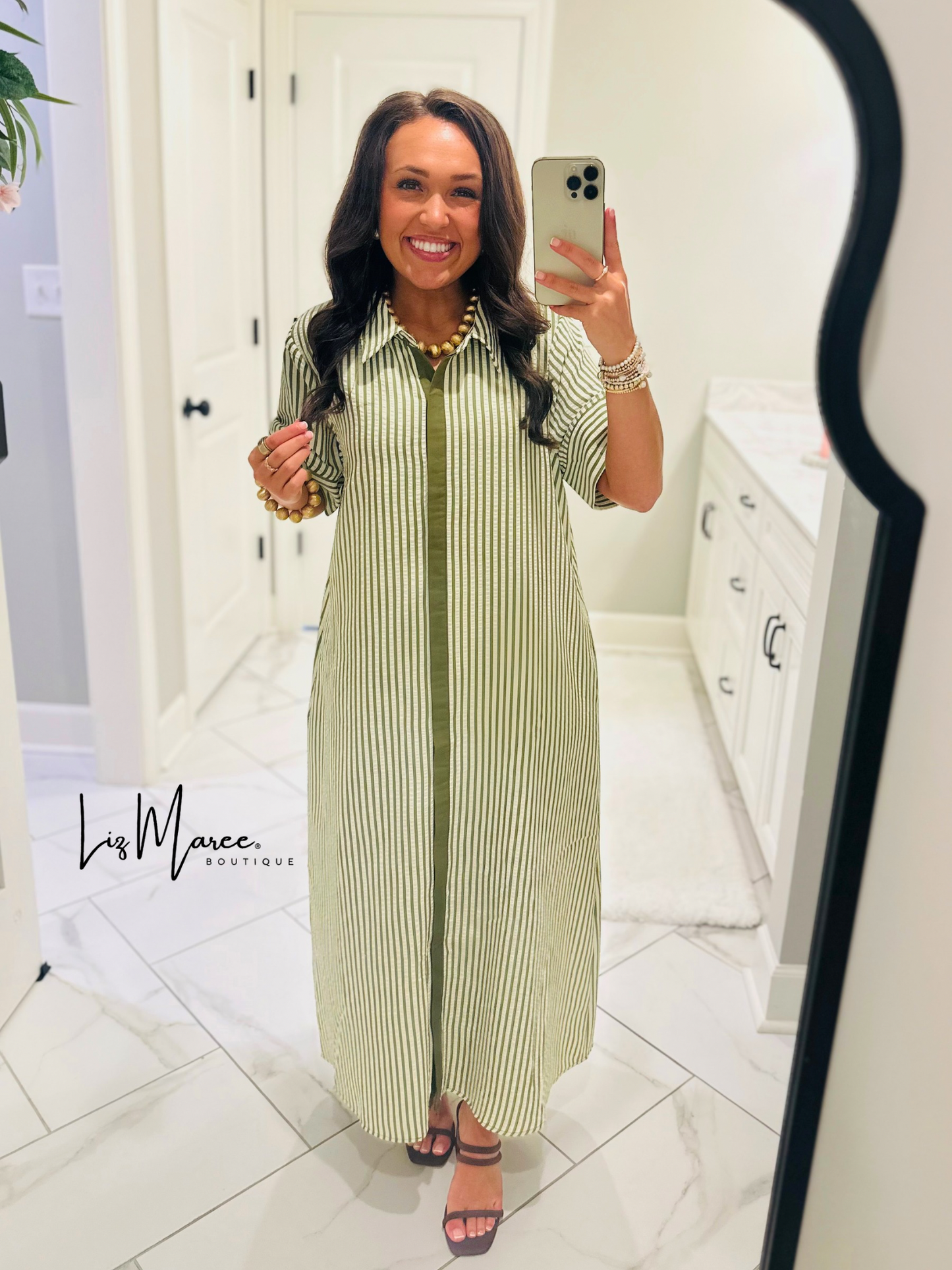 The Nora Olive Green Striped Midi Dress