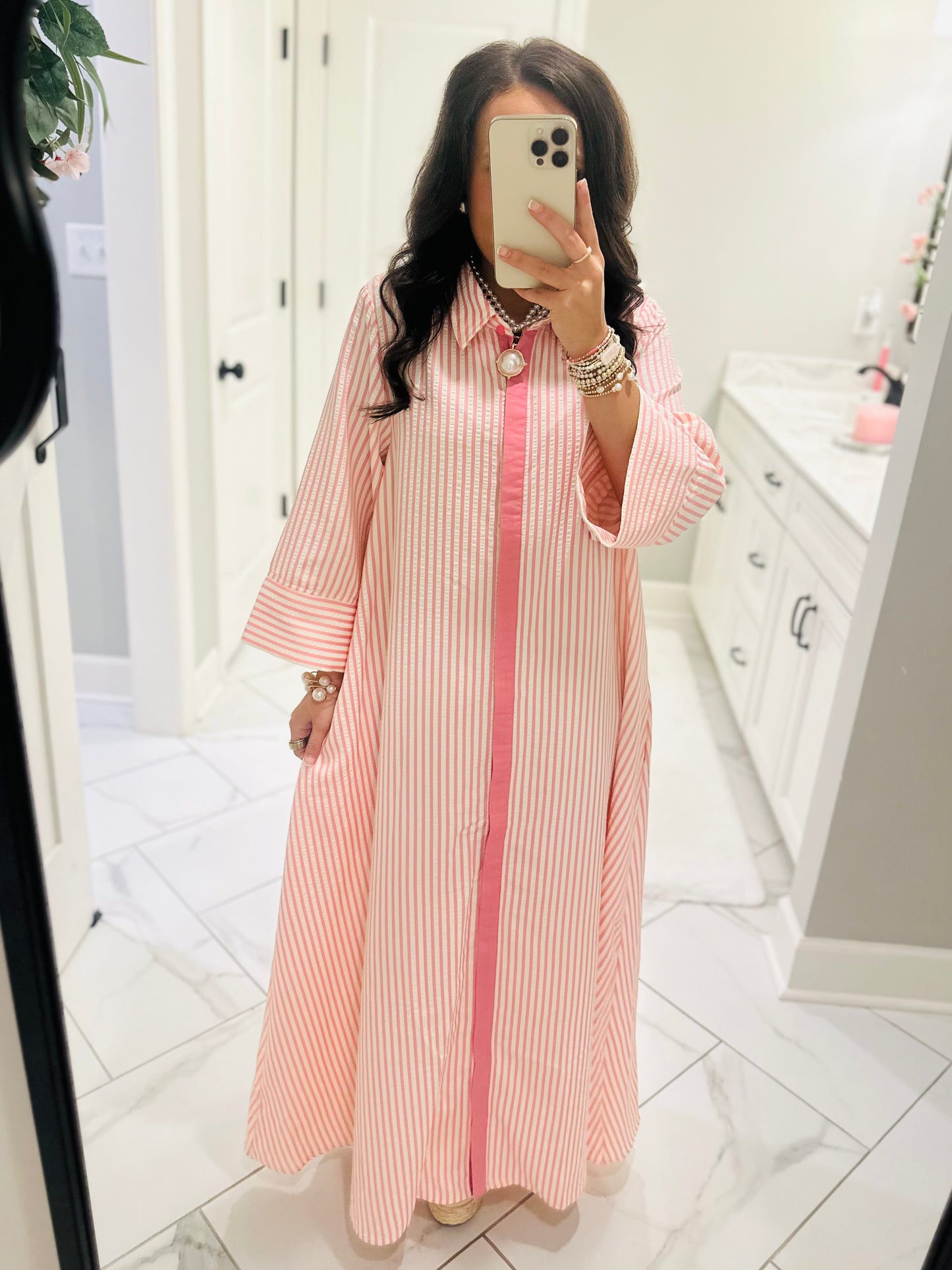 The Nora Pink Striped Midi Dress