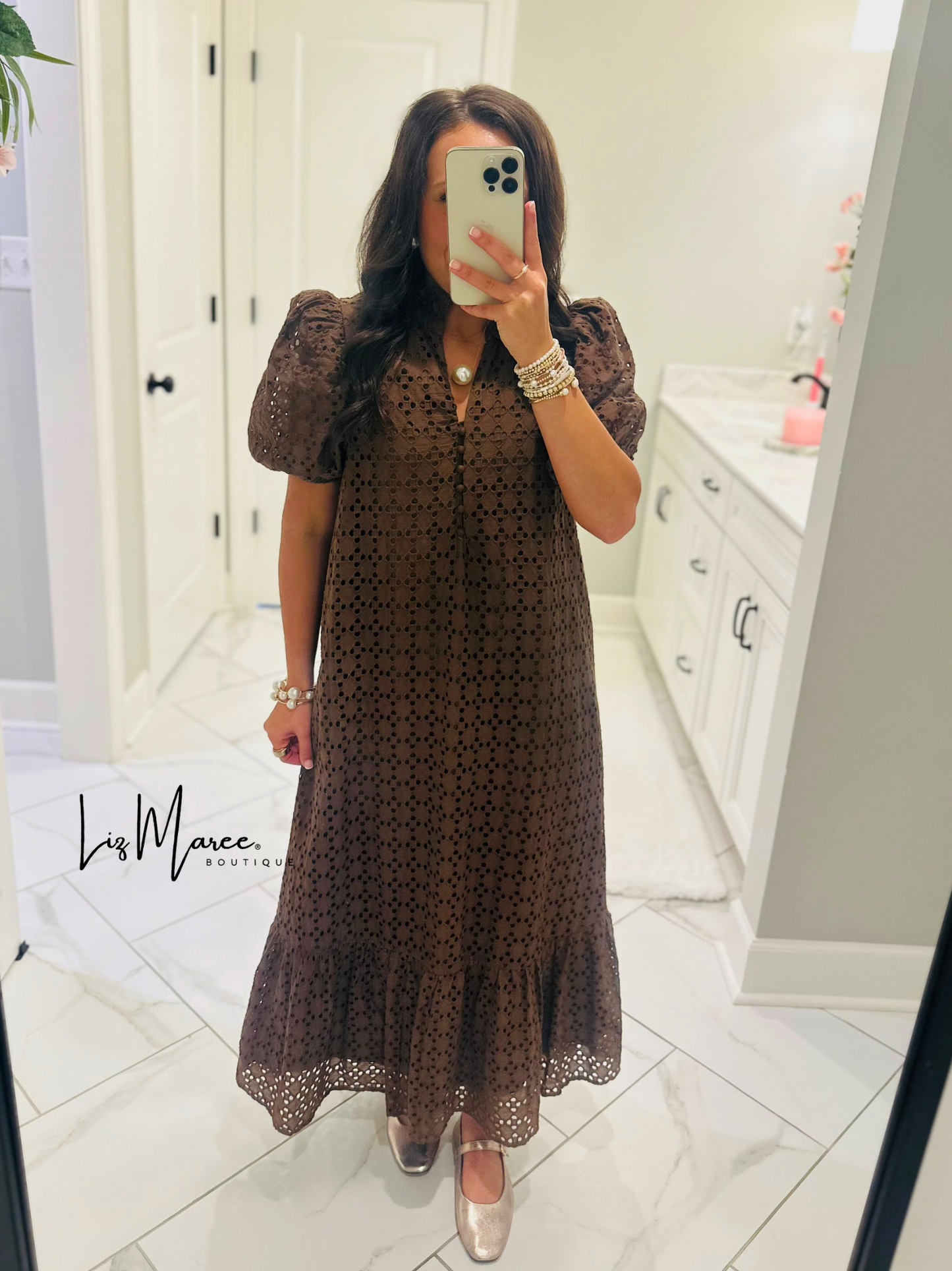 The Liz Brown Eyelet Midi Dress