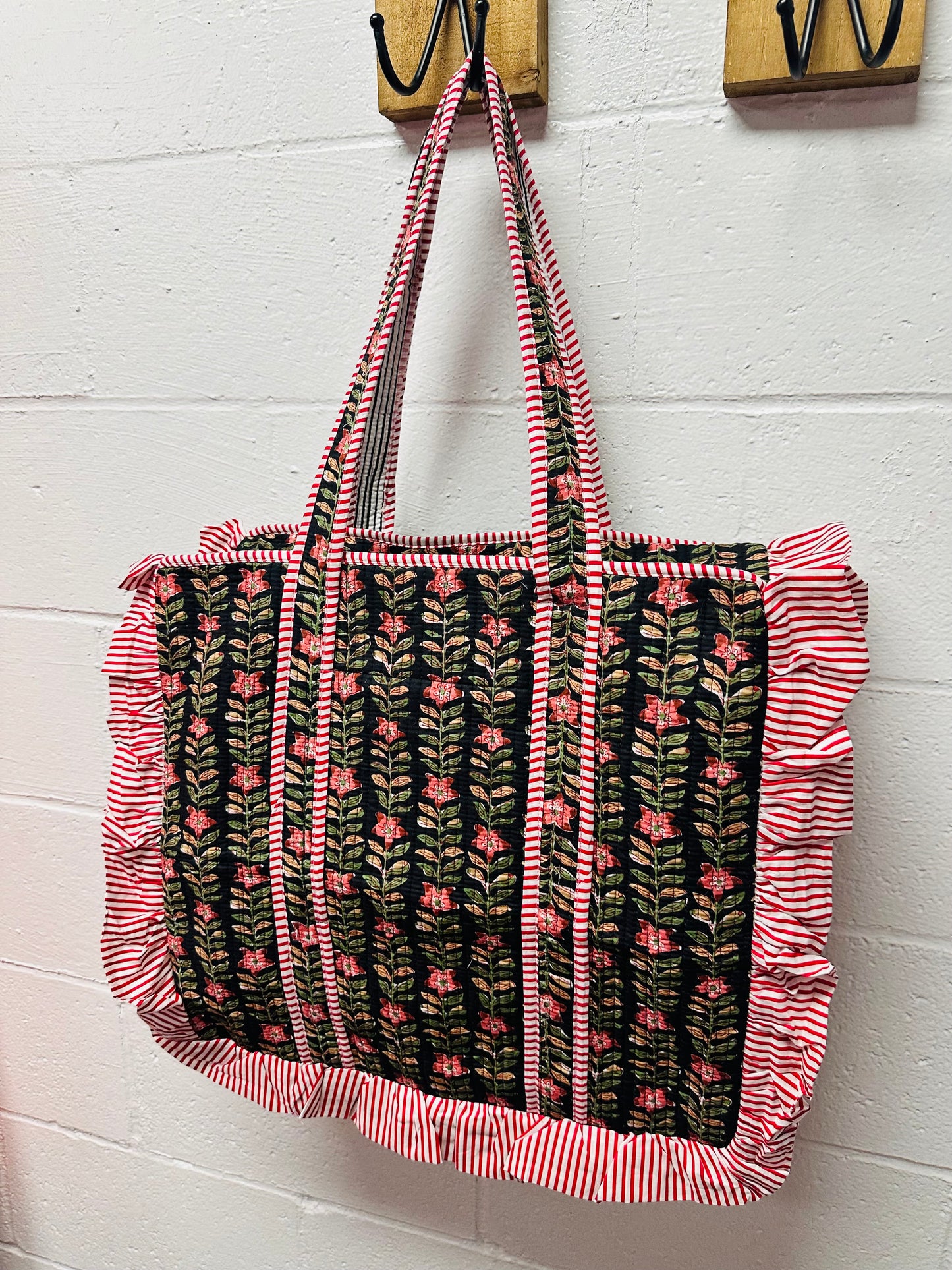 The Black Floral Ruffle Quilted Tote Bag