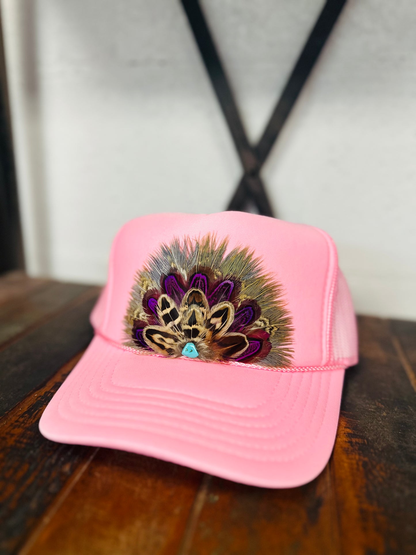 Light Pink Feather + Turquoise Stone Trucker Hat