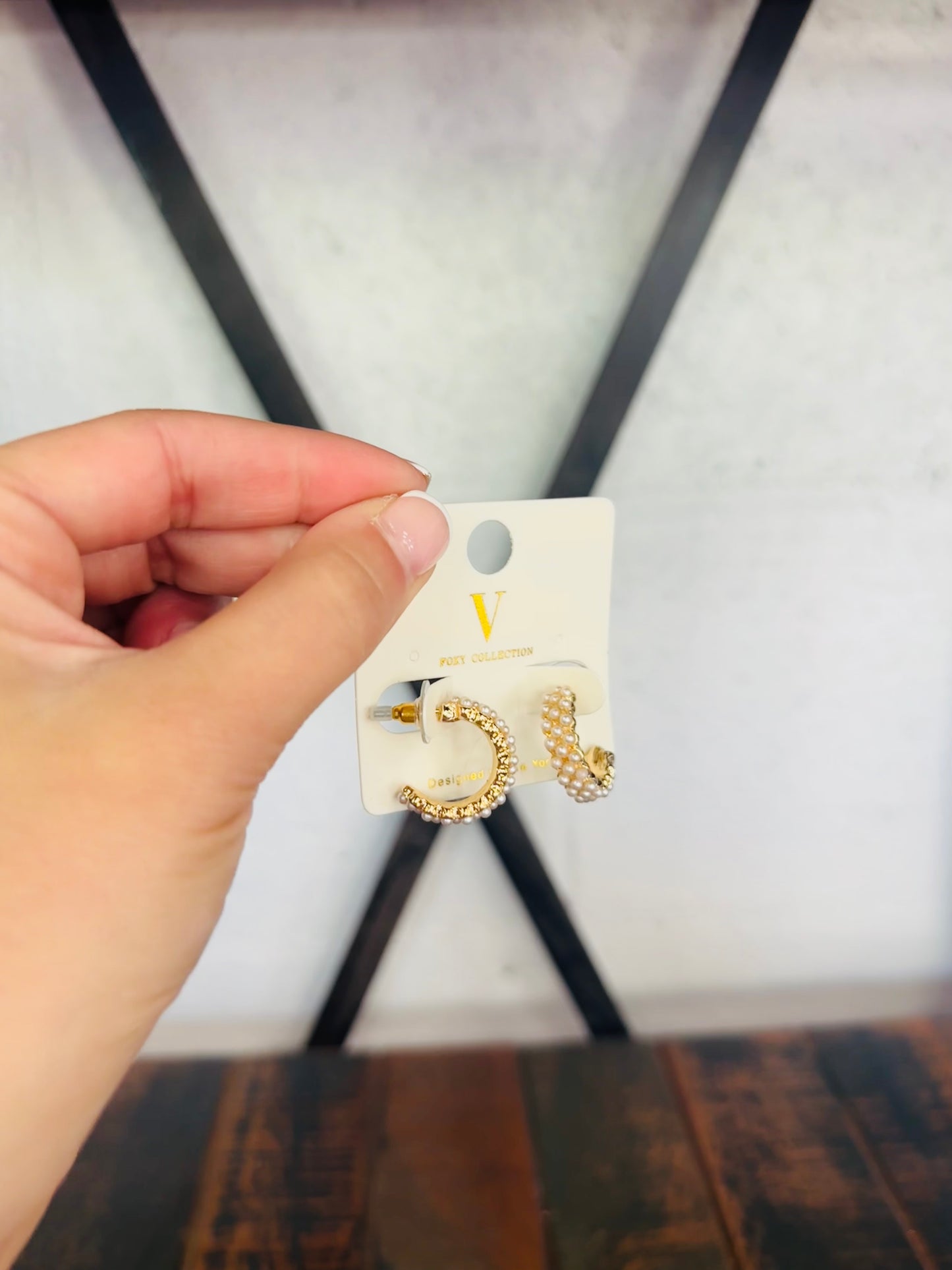 Cream + Gold Pave Pearl Hoops