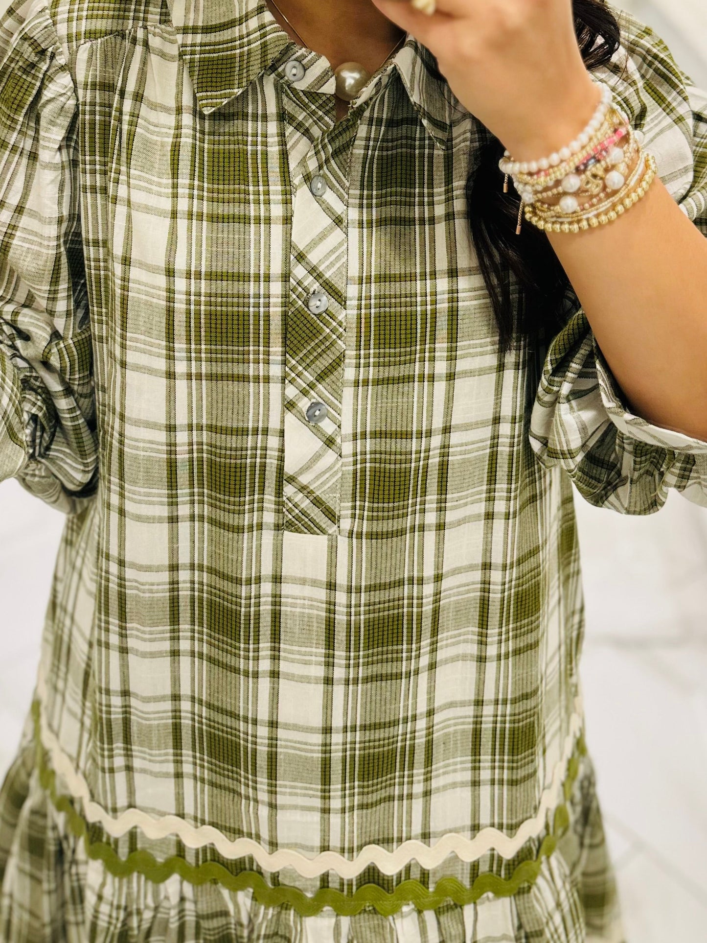 The Gale Olive Green Plaid Dress