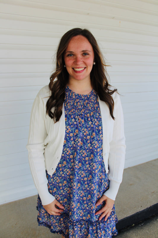 White Ribbed Button Cardigan