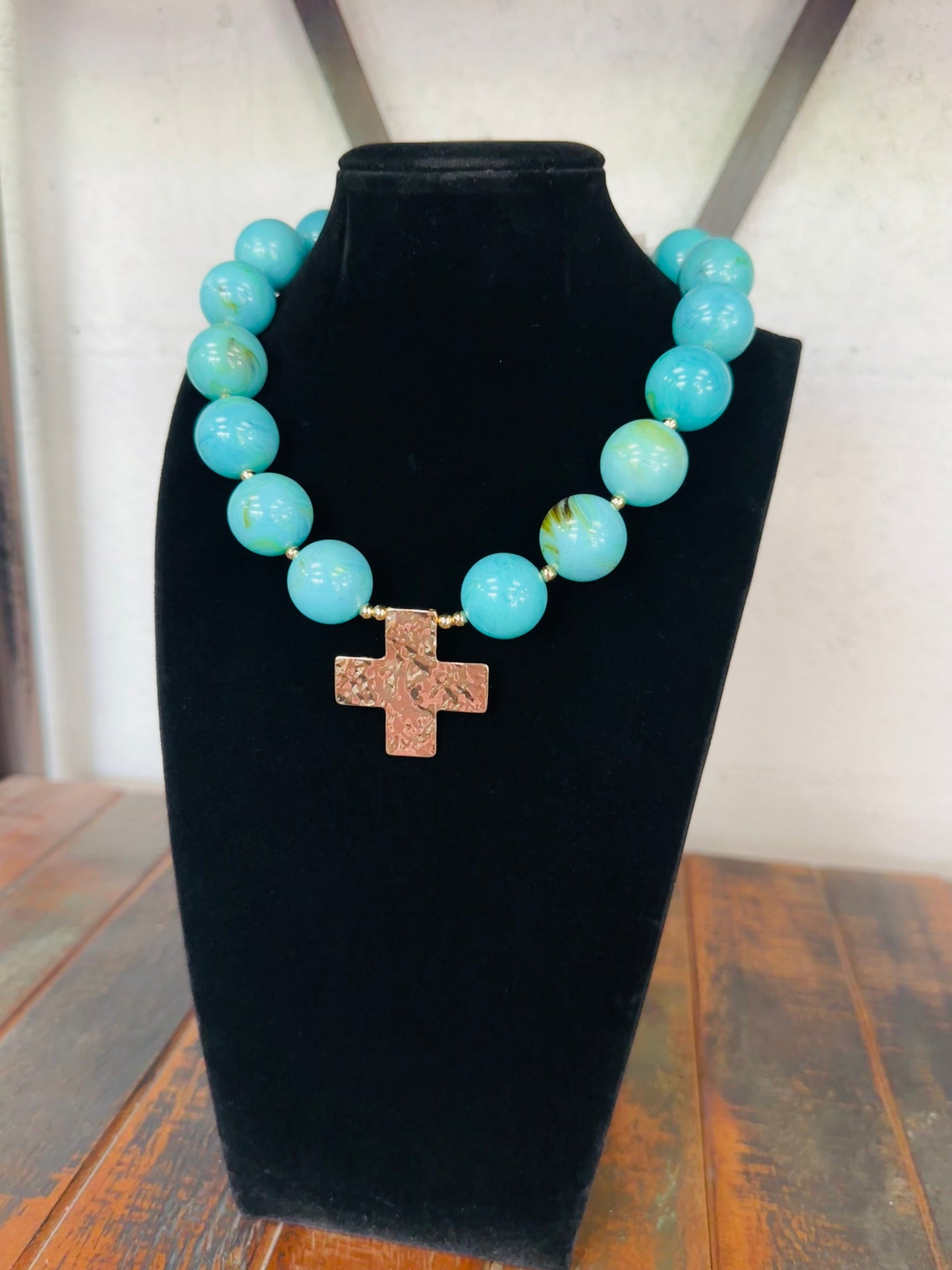 Turquoise + Gold Cross Pendant Marble Ball Necklace
