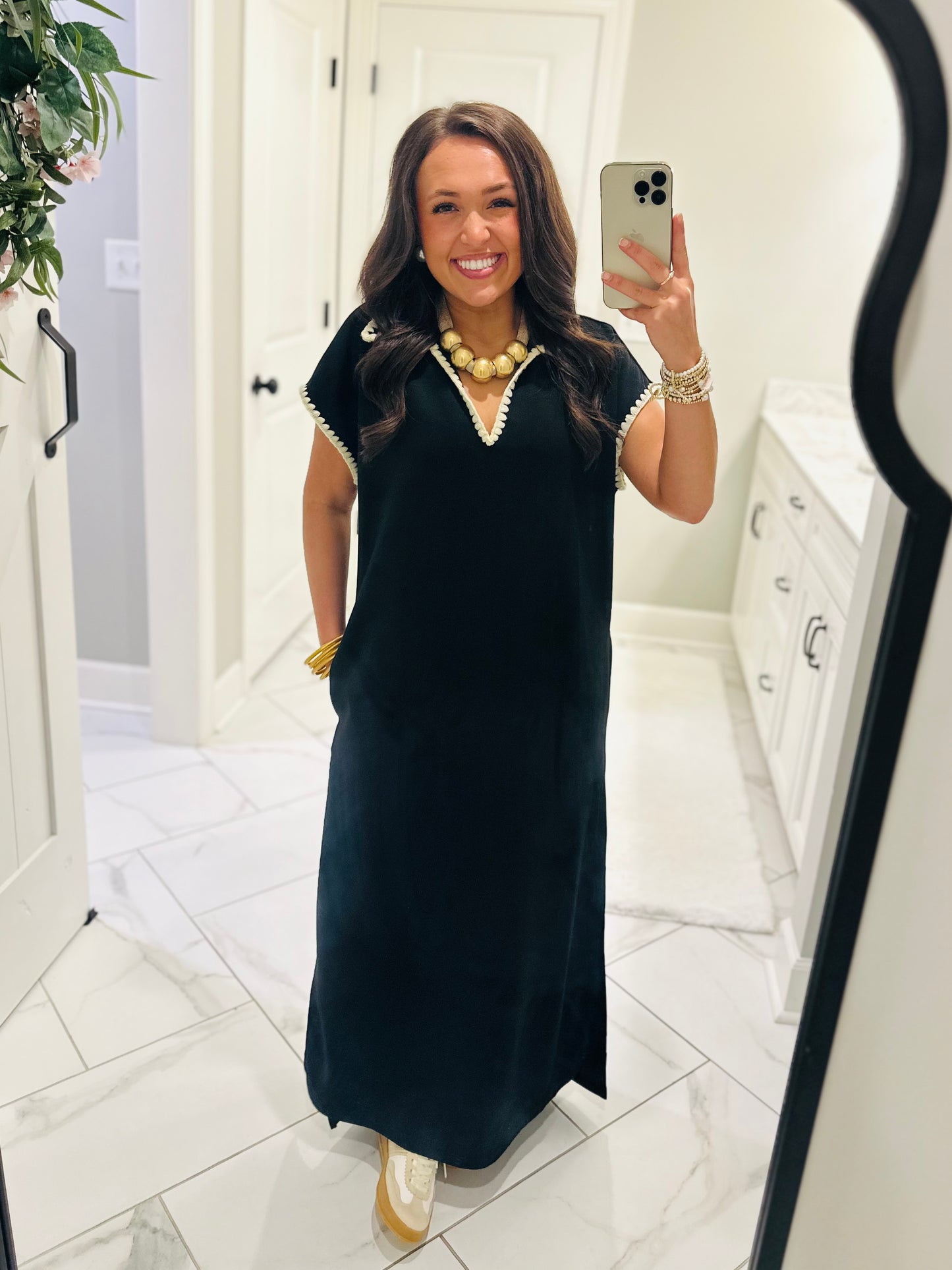 The Sarah Black Collared Stitch Midi Dress
