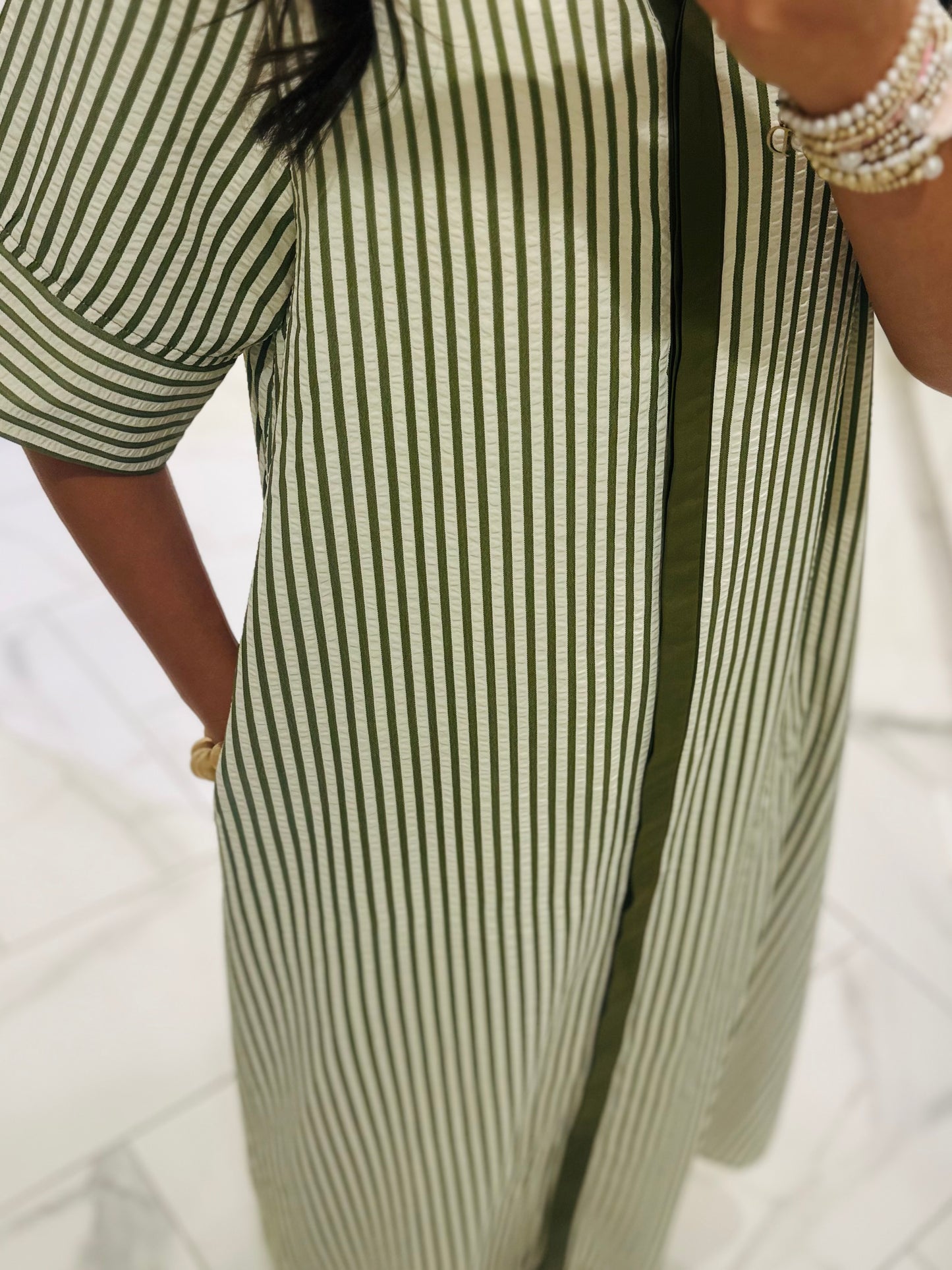 The Nora Olive Green Striped Midi Dress