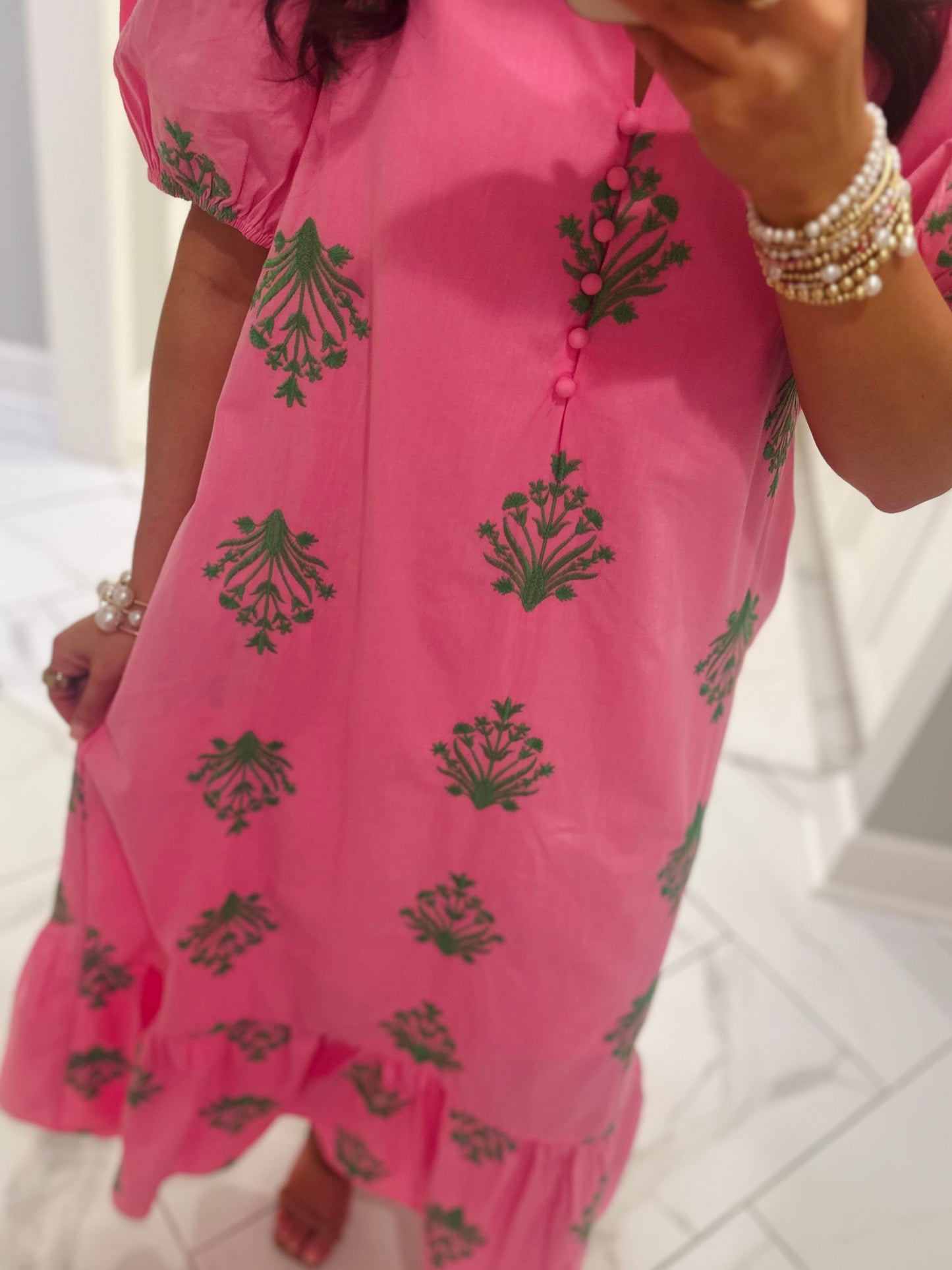 The Nola Pink + Green Botanical Embroidered Midi Dress