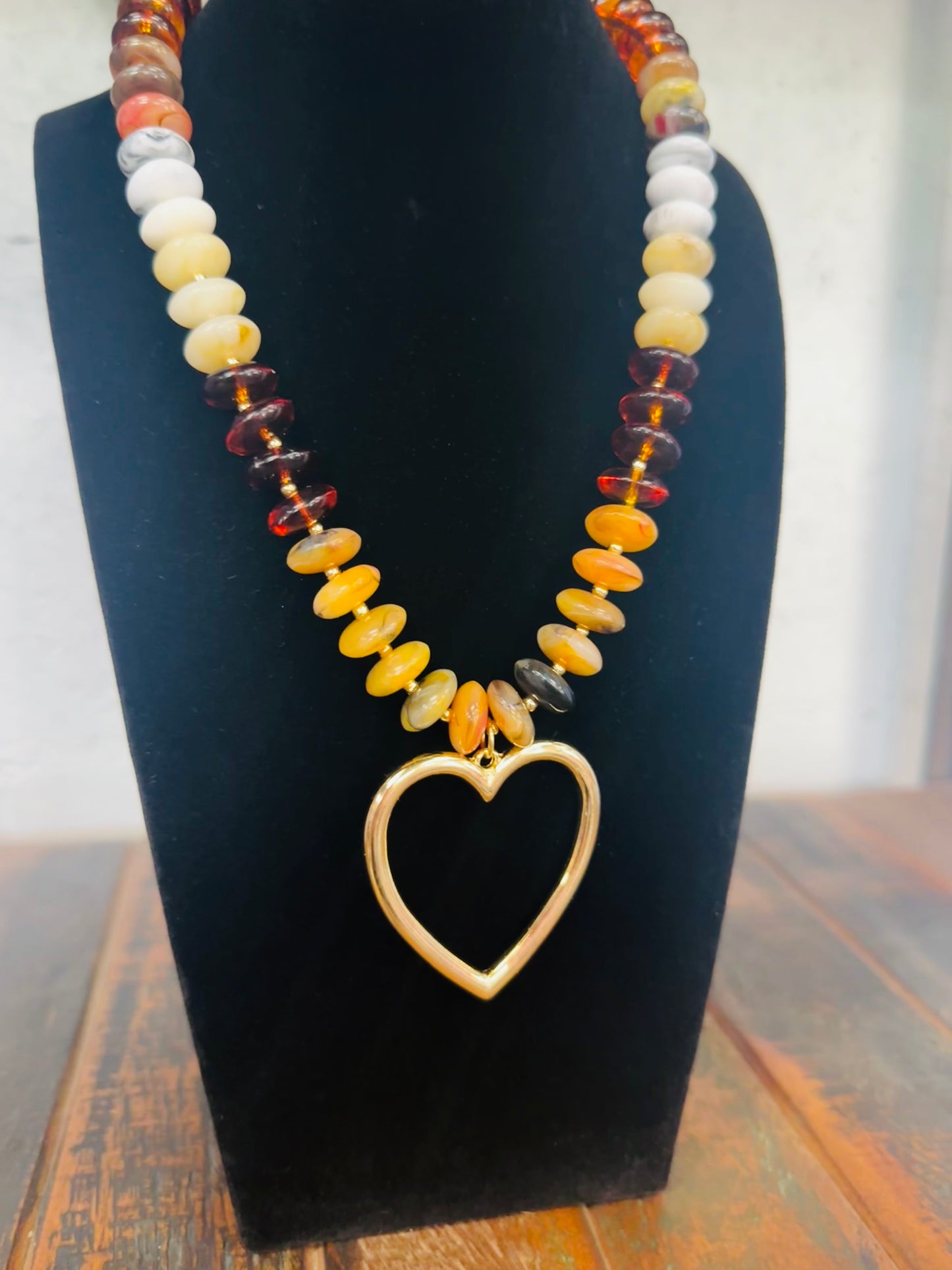 Beige Marble Bead Heart Pendant Necklace