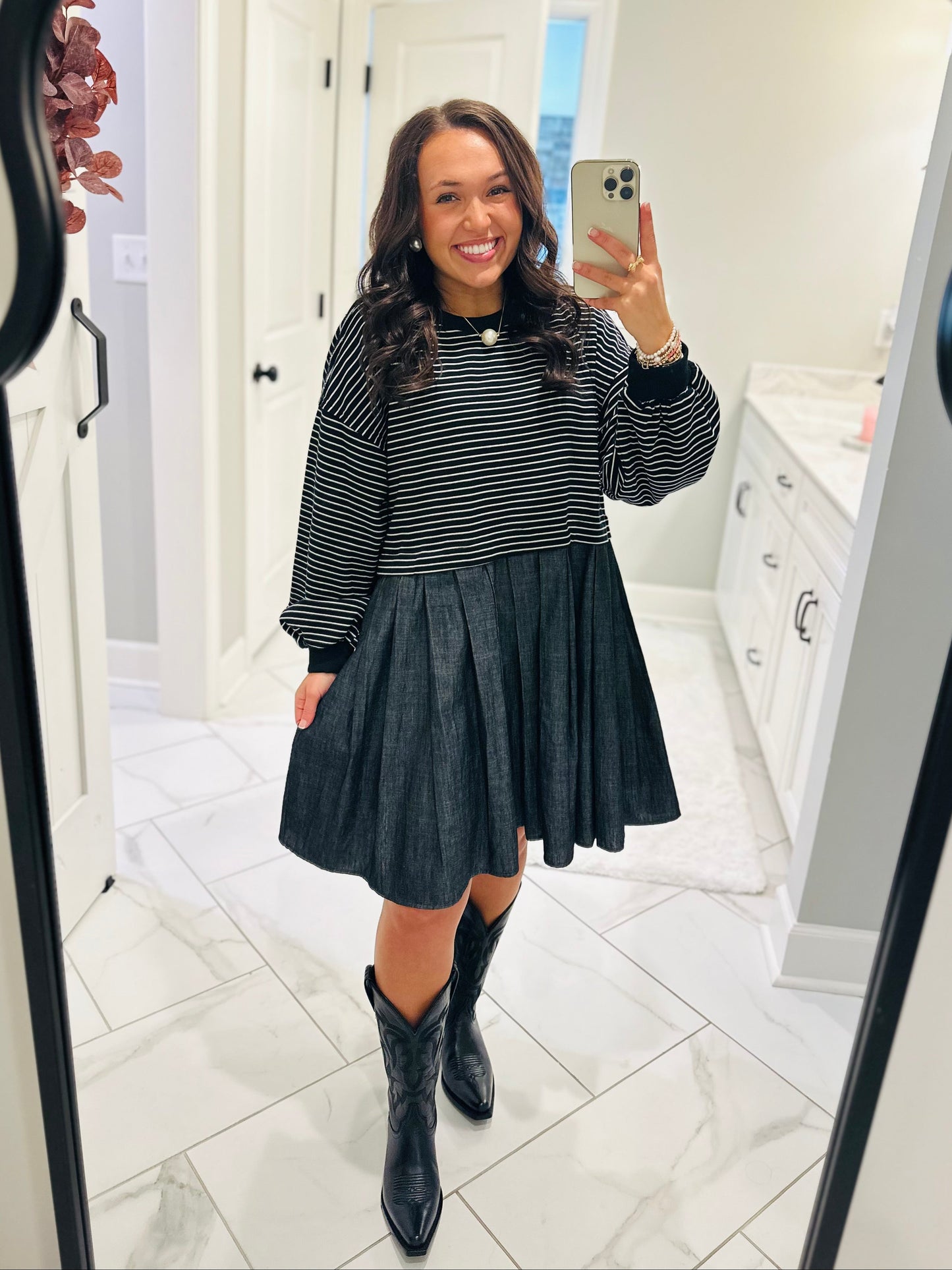 The Ella Long Sleeve Pleated Dress - Black / Denim