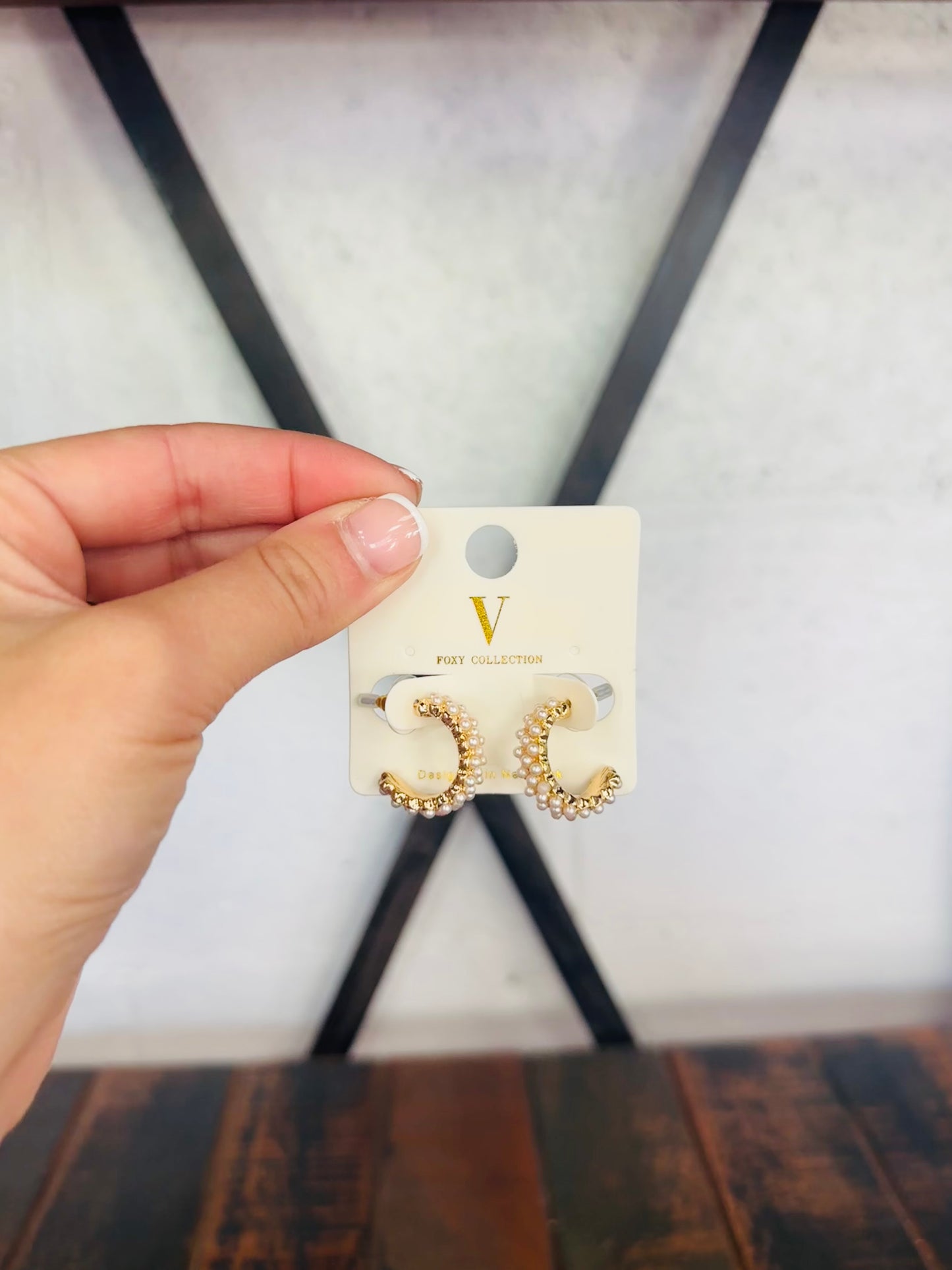 Cream + Gold Pave Pearl Hoops