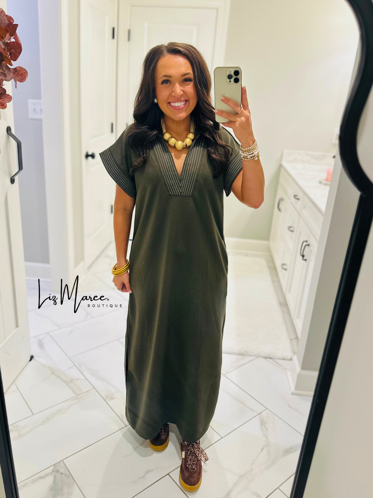 The Parker Olive Collared Stitch Midi Dress