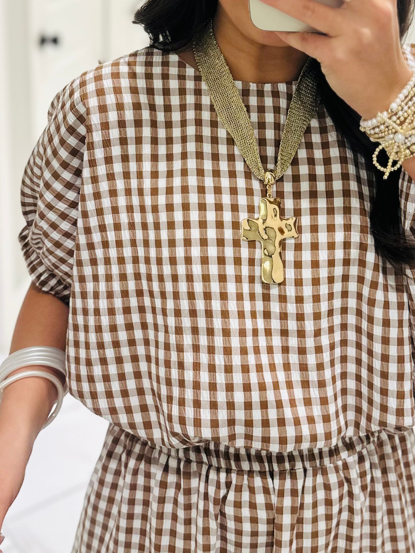 The Kinsley Brown Gingham Top + Skirt Set