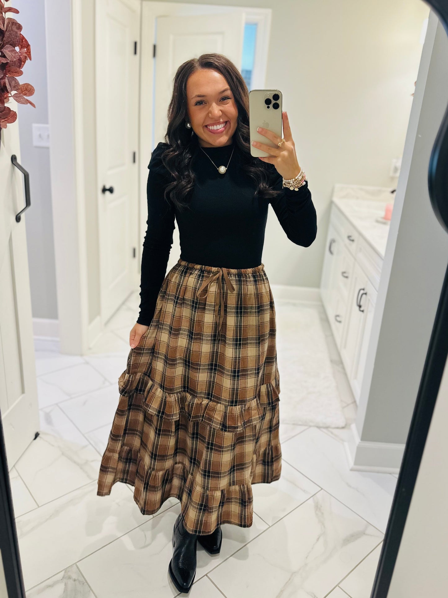 The Raine Mocha Plaid Ruffle Tiered Midi Skirt