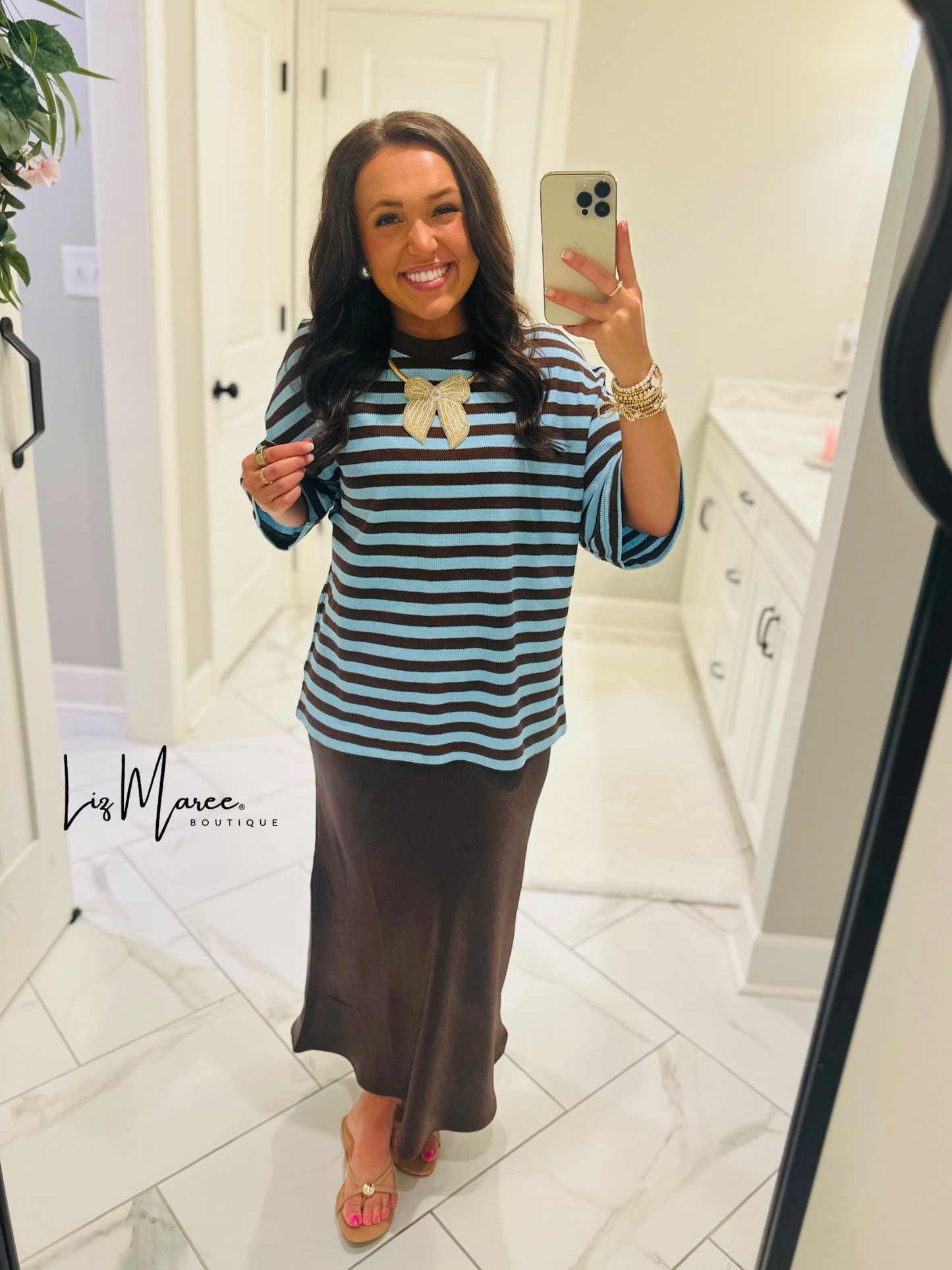 The Everly Blue + Brown Striped Knit Top