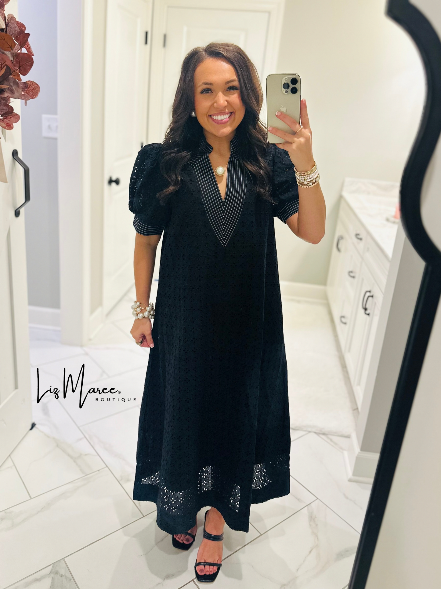 The Adley Black Eyelet Midi Dress