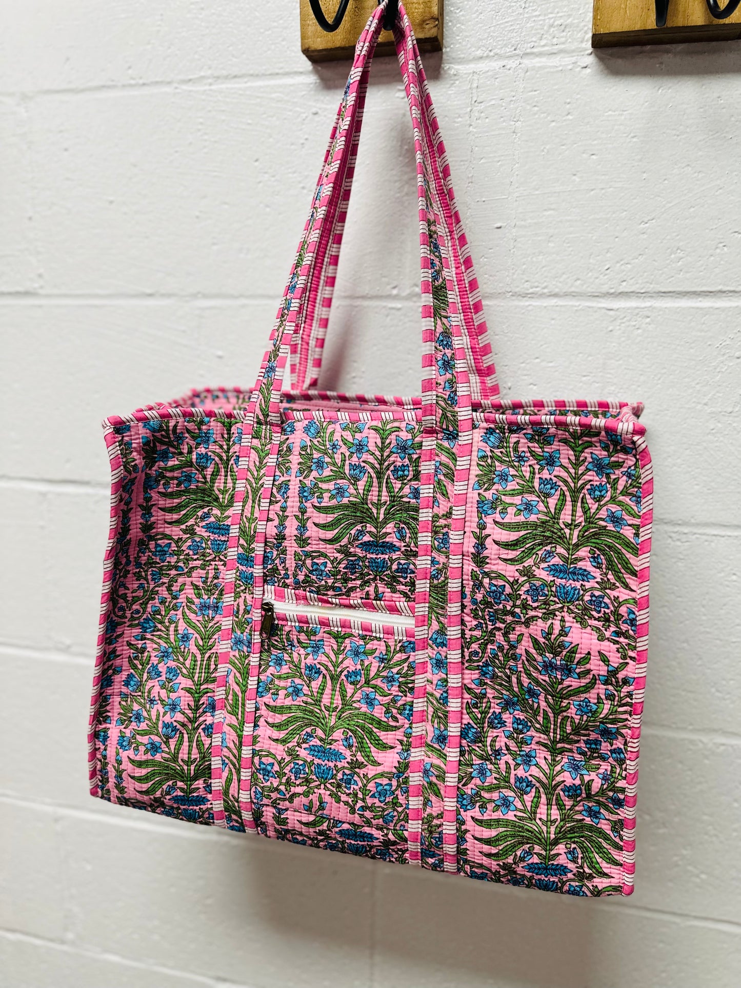 The Pink & Green Floral Quilted Tote Bag