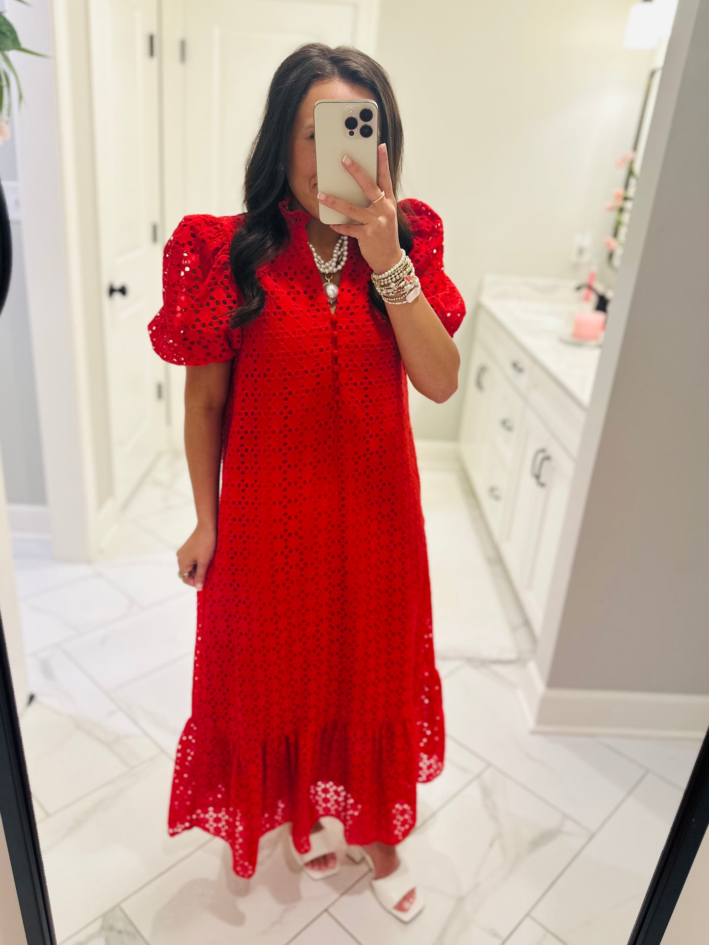 The Liz Red Eyelet Midi Dress