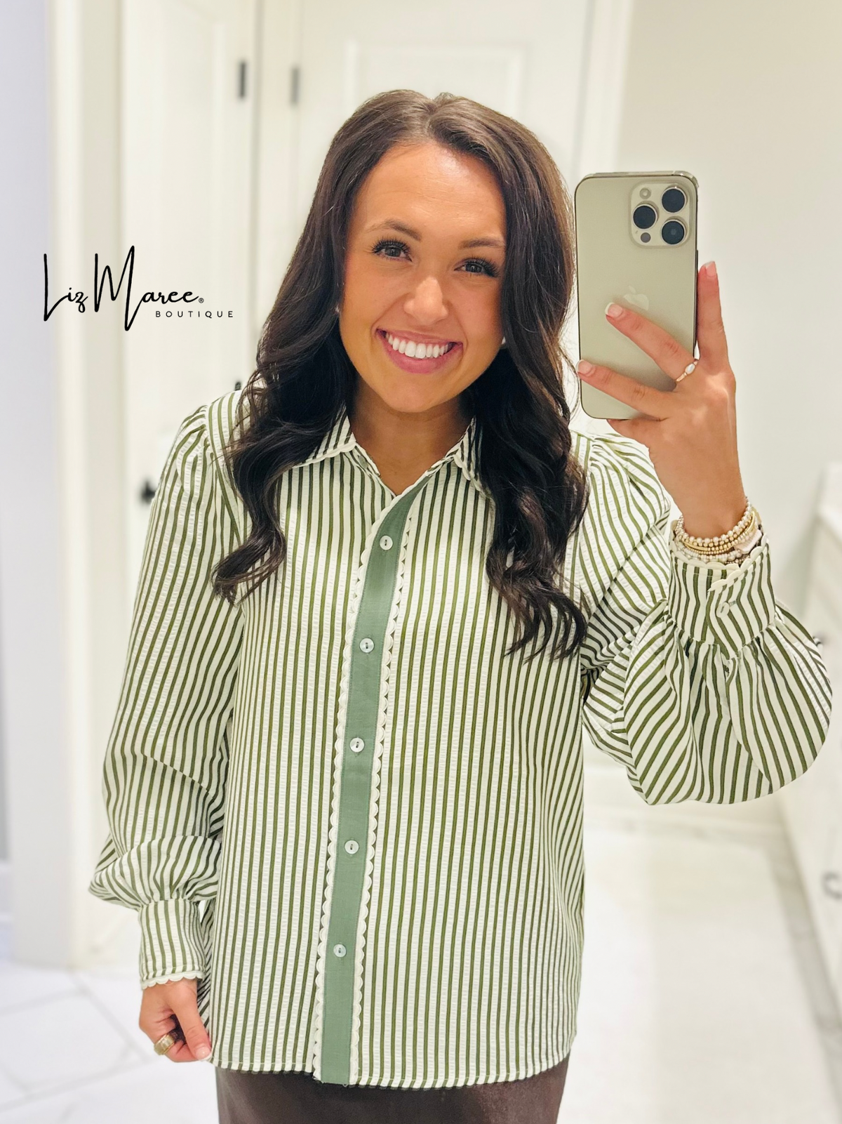 The Kathy Olive Green Striped Scallop Top