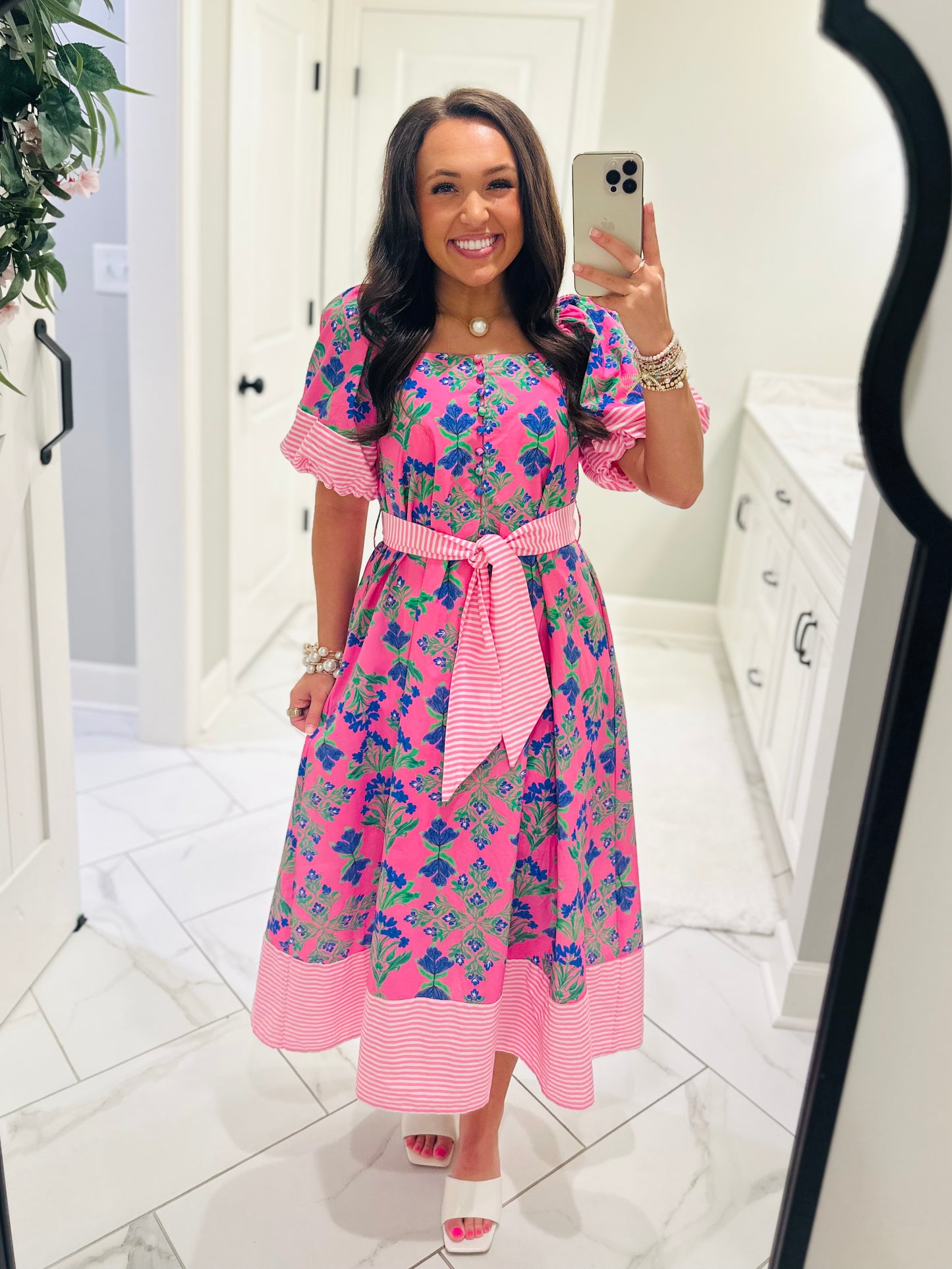 The Harlee Pink Botanical Midi Dress