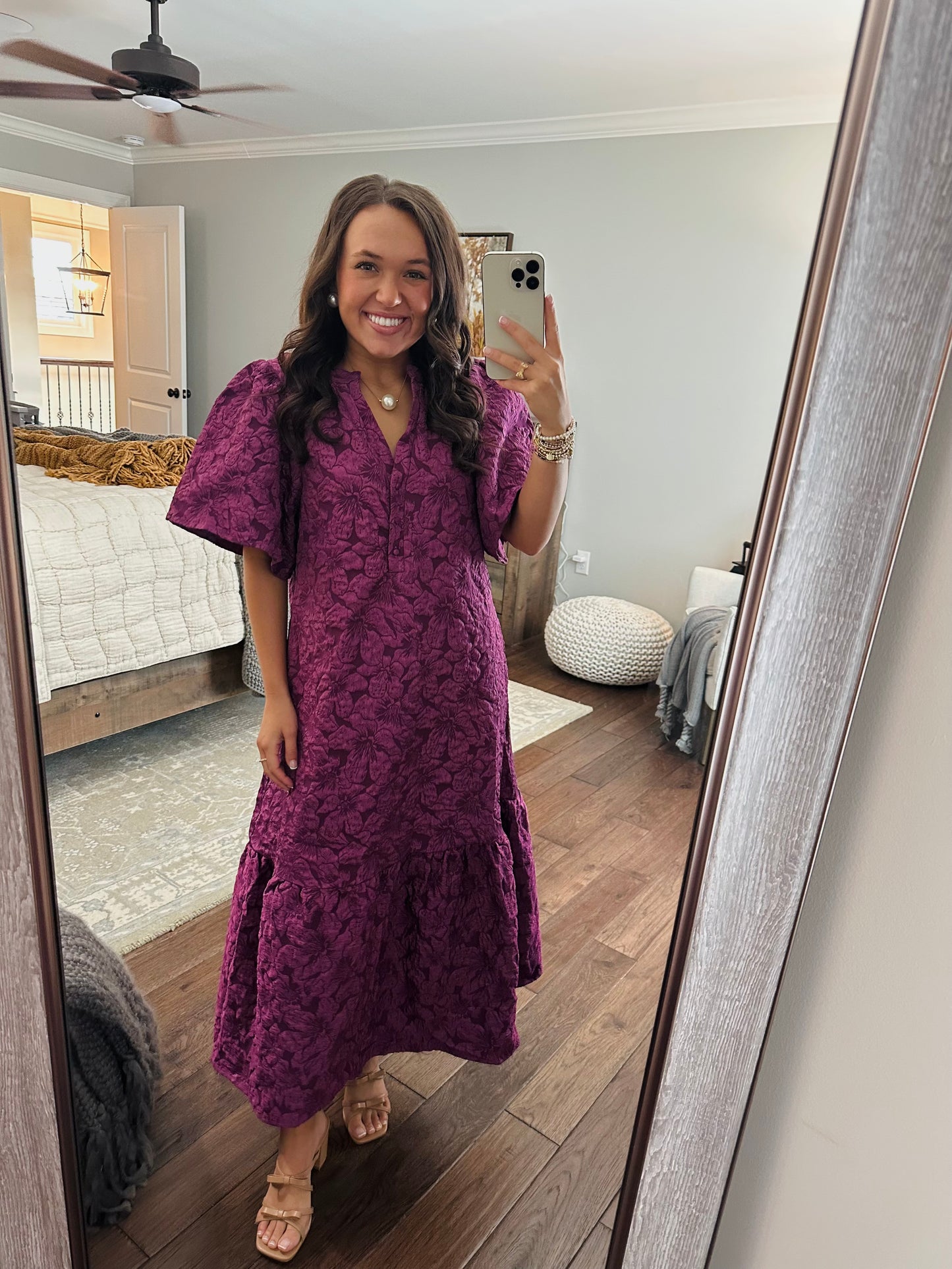 The Ada Plum Jacquard Floral Midi Dress