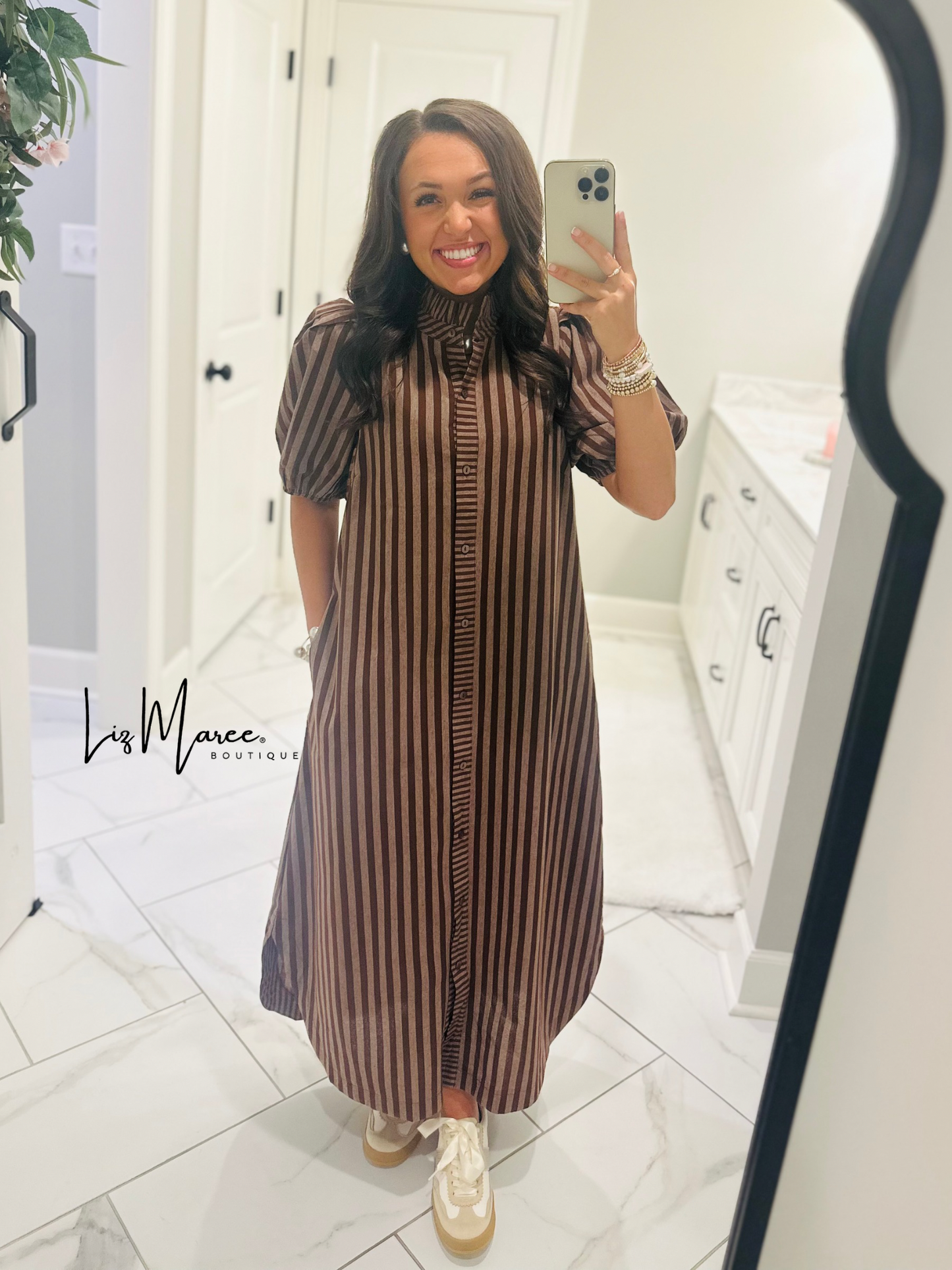 The Quinn Brown Striped Midi Dress