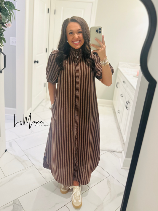 The Quinn Brown Striped Midi Dress