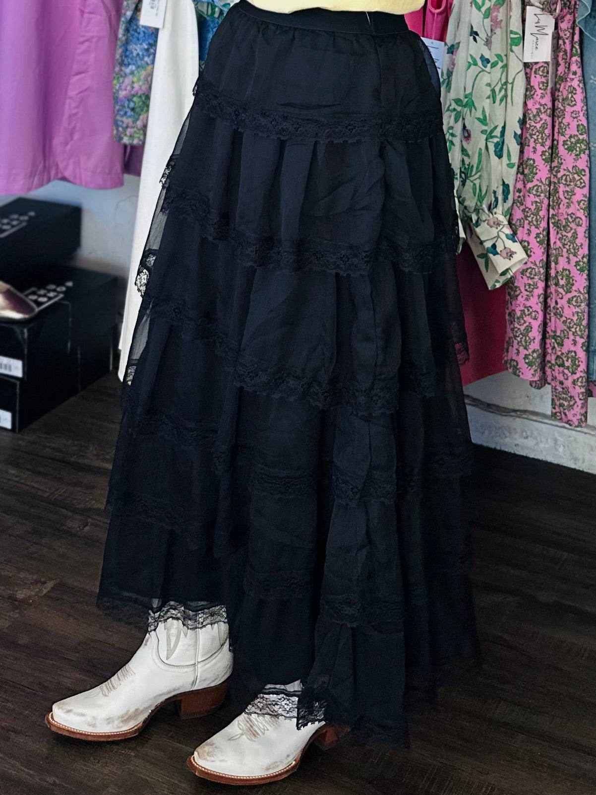 The June Black Tiered Chiffon Lace Trim Maxi Skirt