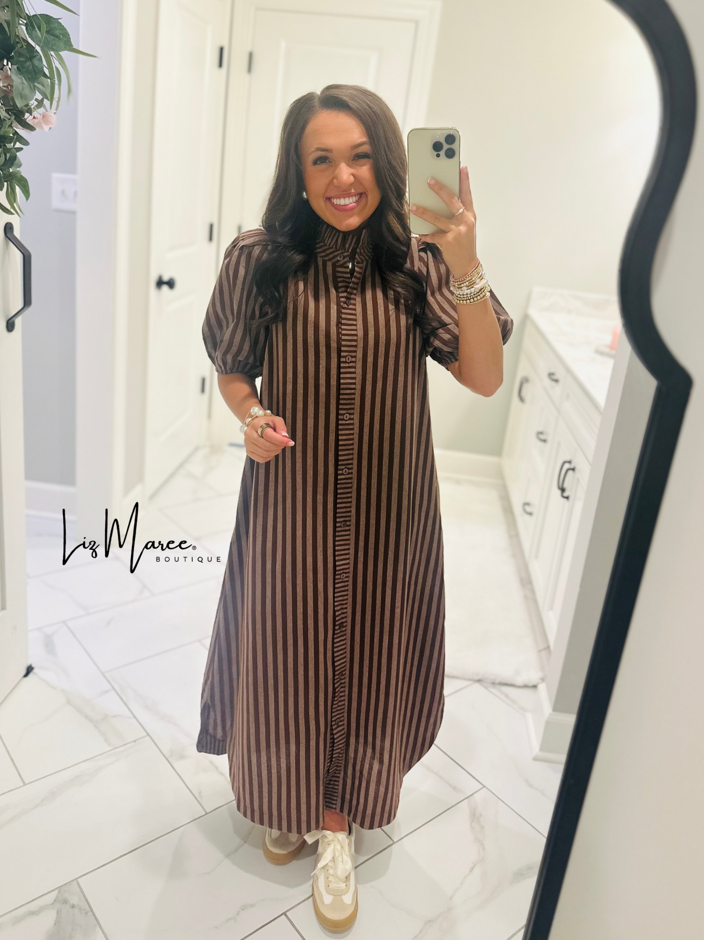 The Quinn Brown Striped Midi Dress