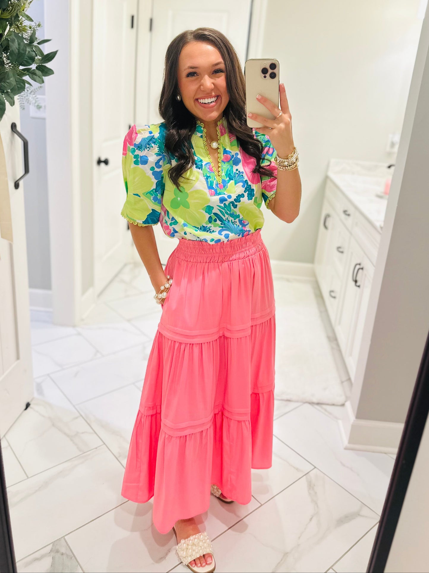 The Remi Lime Green Floral Scallop Trim Top