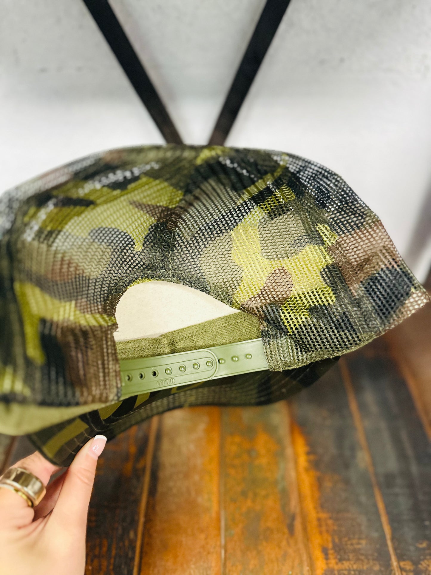 Brown Feather + Turquoise Concho Camo Trucker Hat