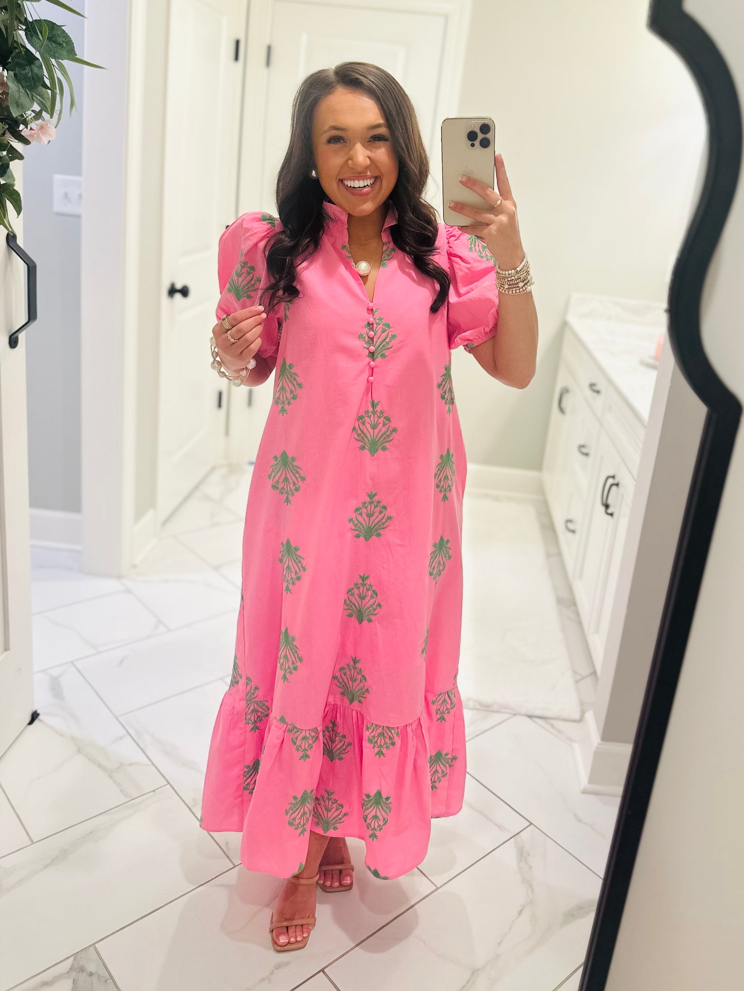The Nola Pink + Green Botanical Embroidered Midi Dress