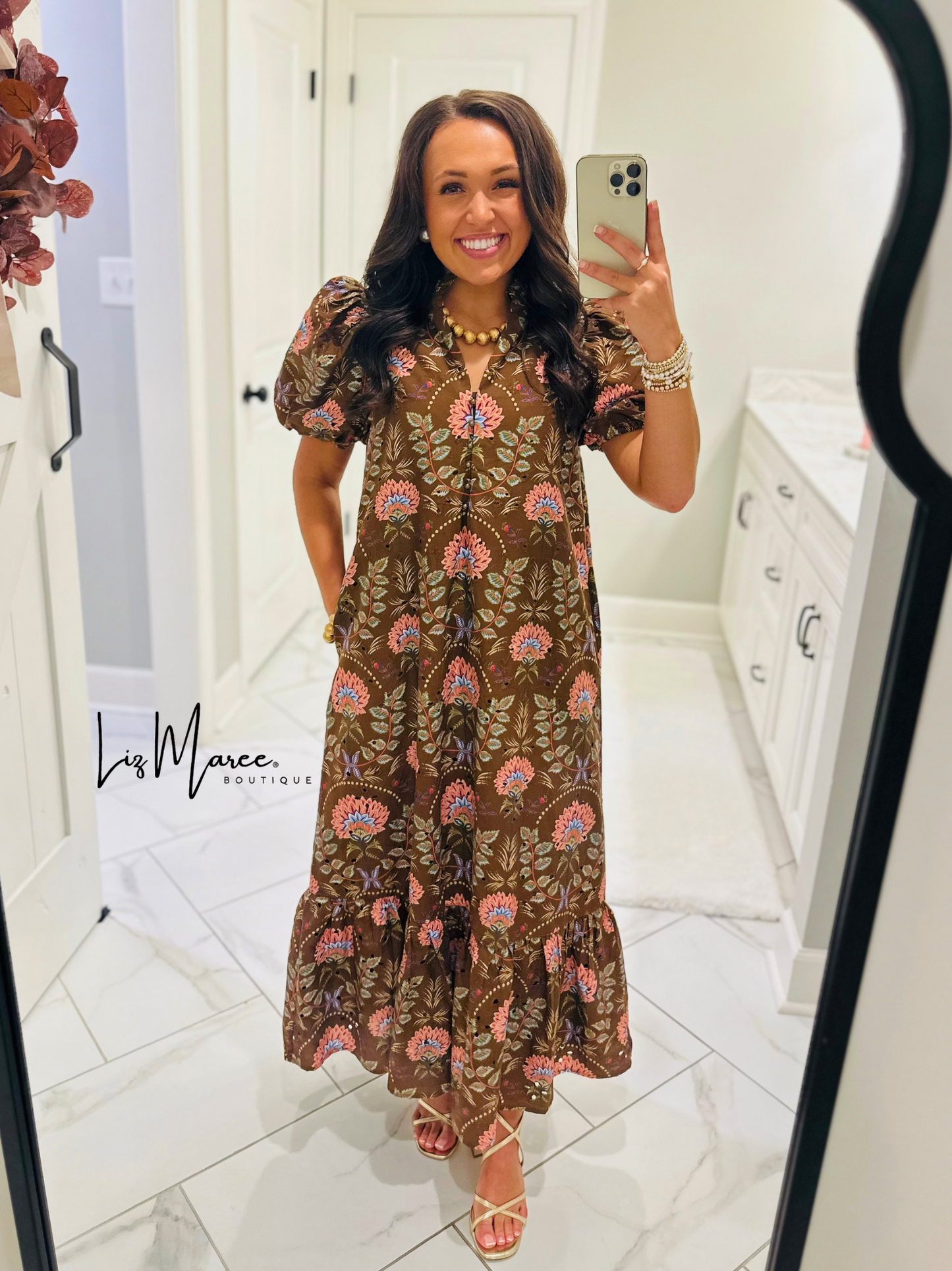 The Katherine Brown Floral Eyelet Midi Dress