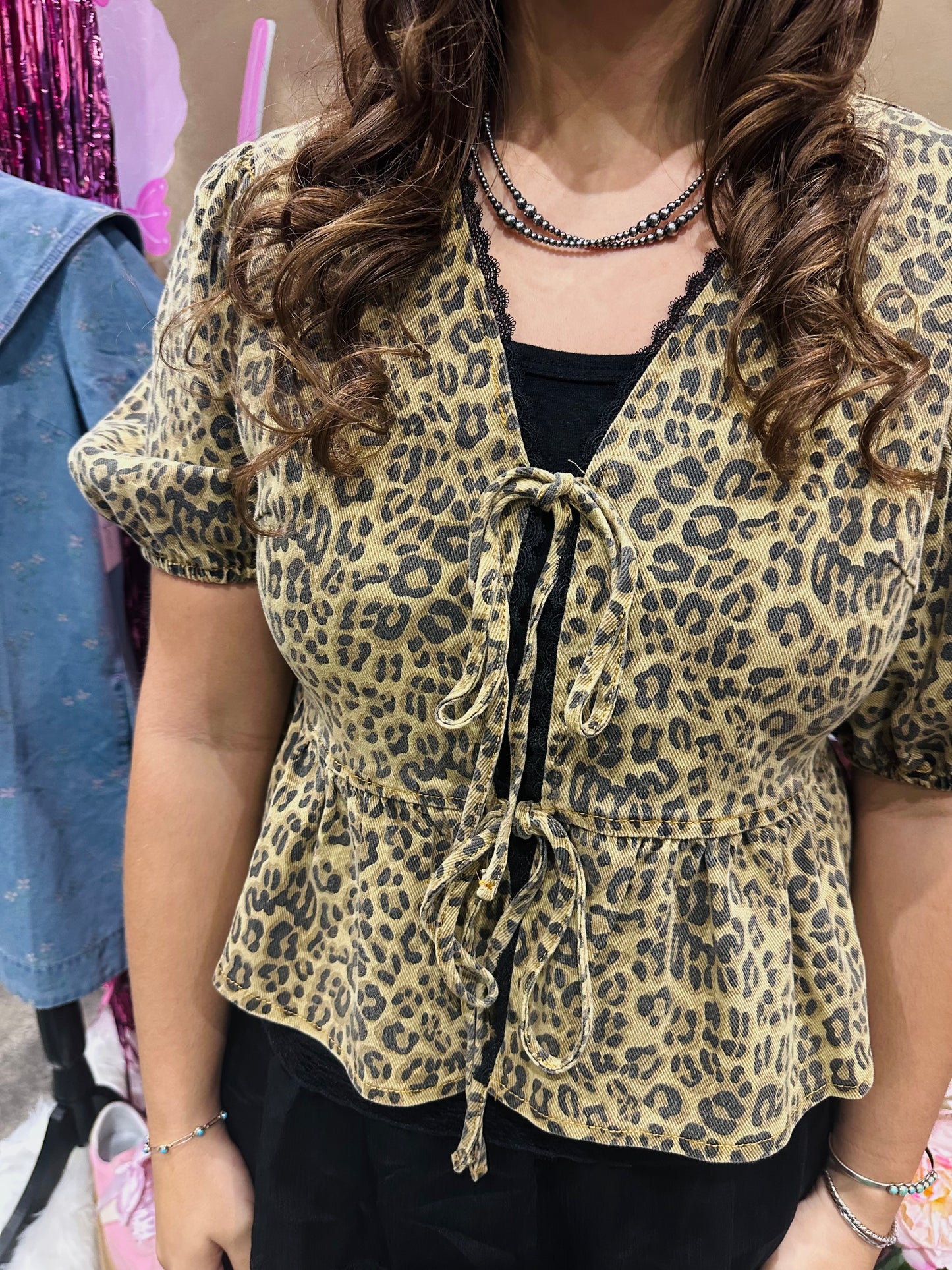 The Lenny Leopard Denim Front Bow Tie Top