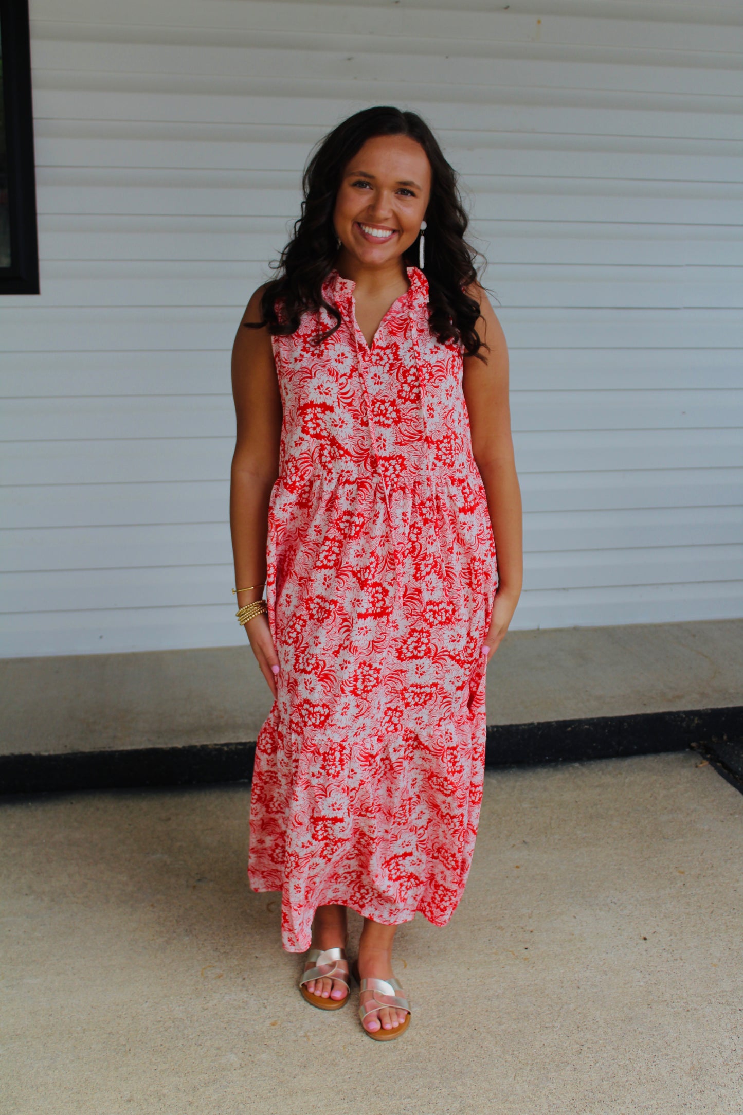 The Leia Red Floral Print Midi Dress