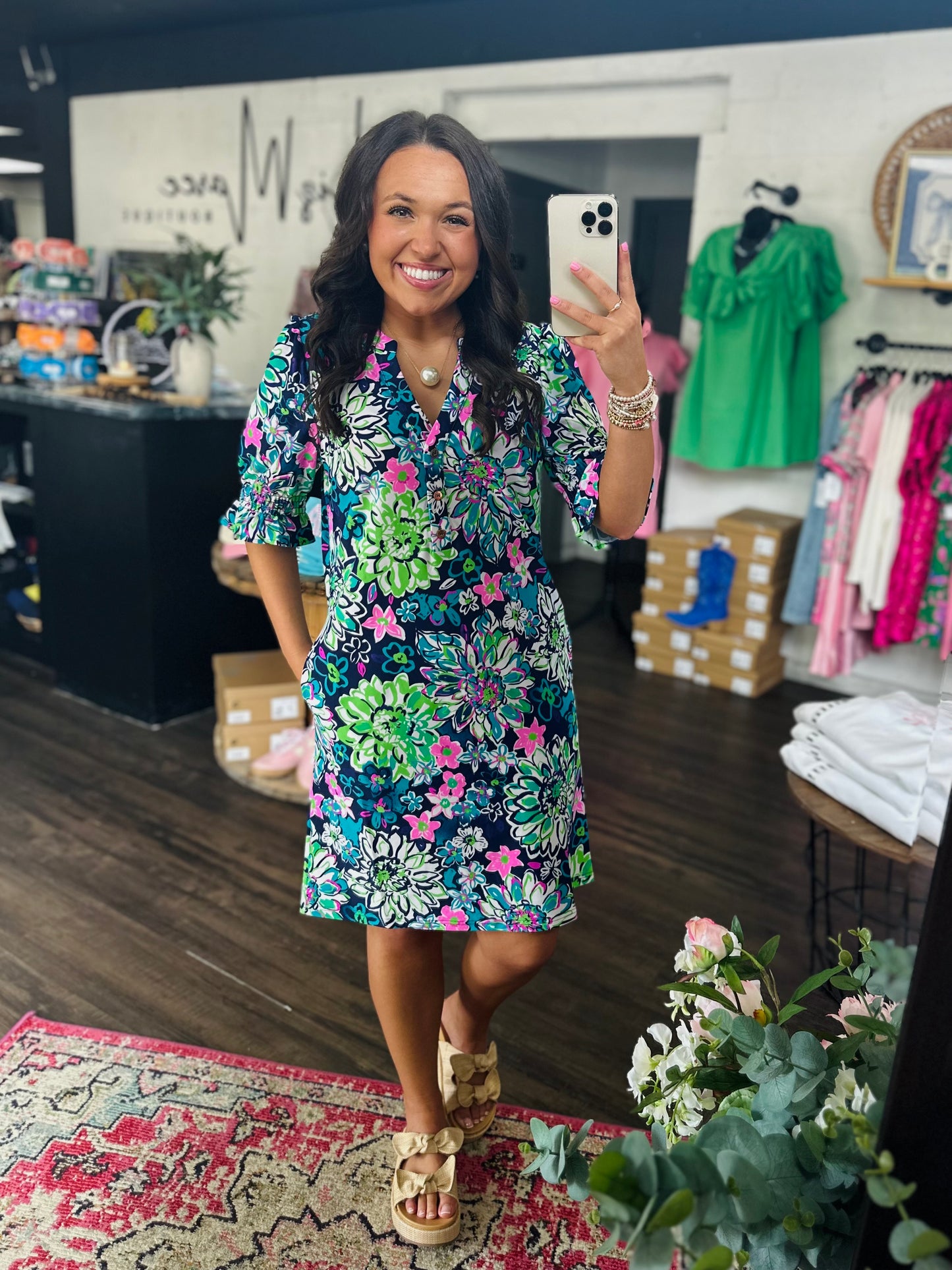 The Nova Navy Floral Ruffle Sleeve Dress