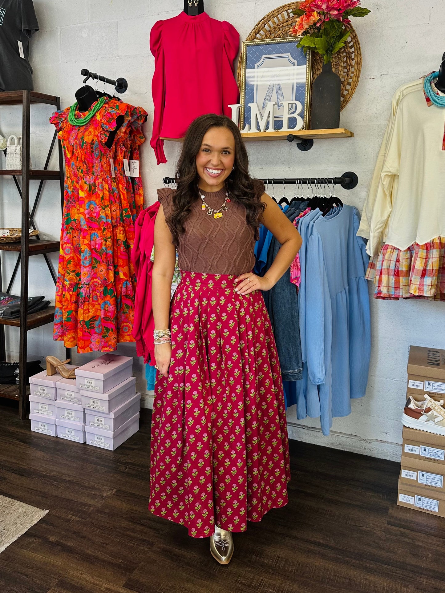 The Austin Burgundy Floral Midi Skirt
